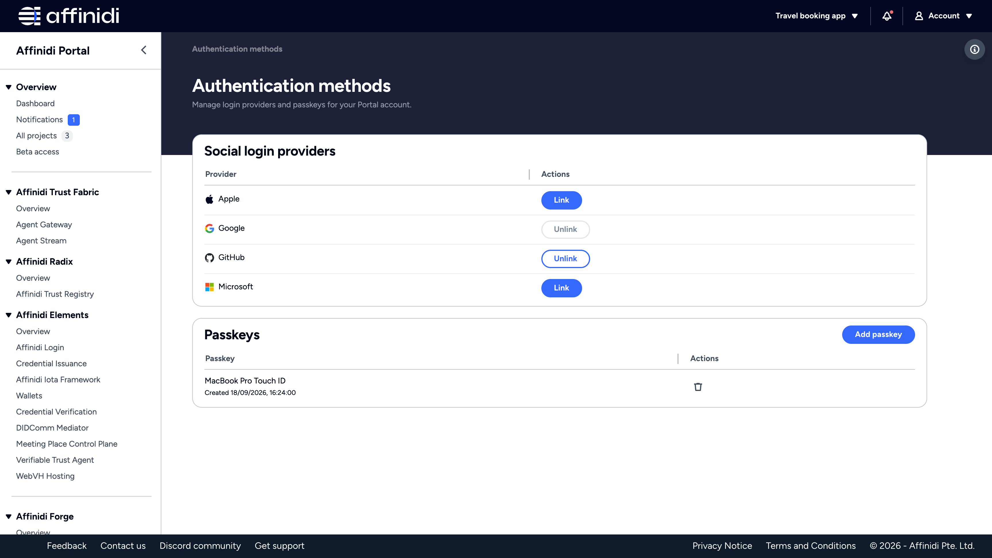 Authentication methods page with Google and GitHub linked, Apple and Microsoft available to link, and one passkey