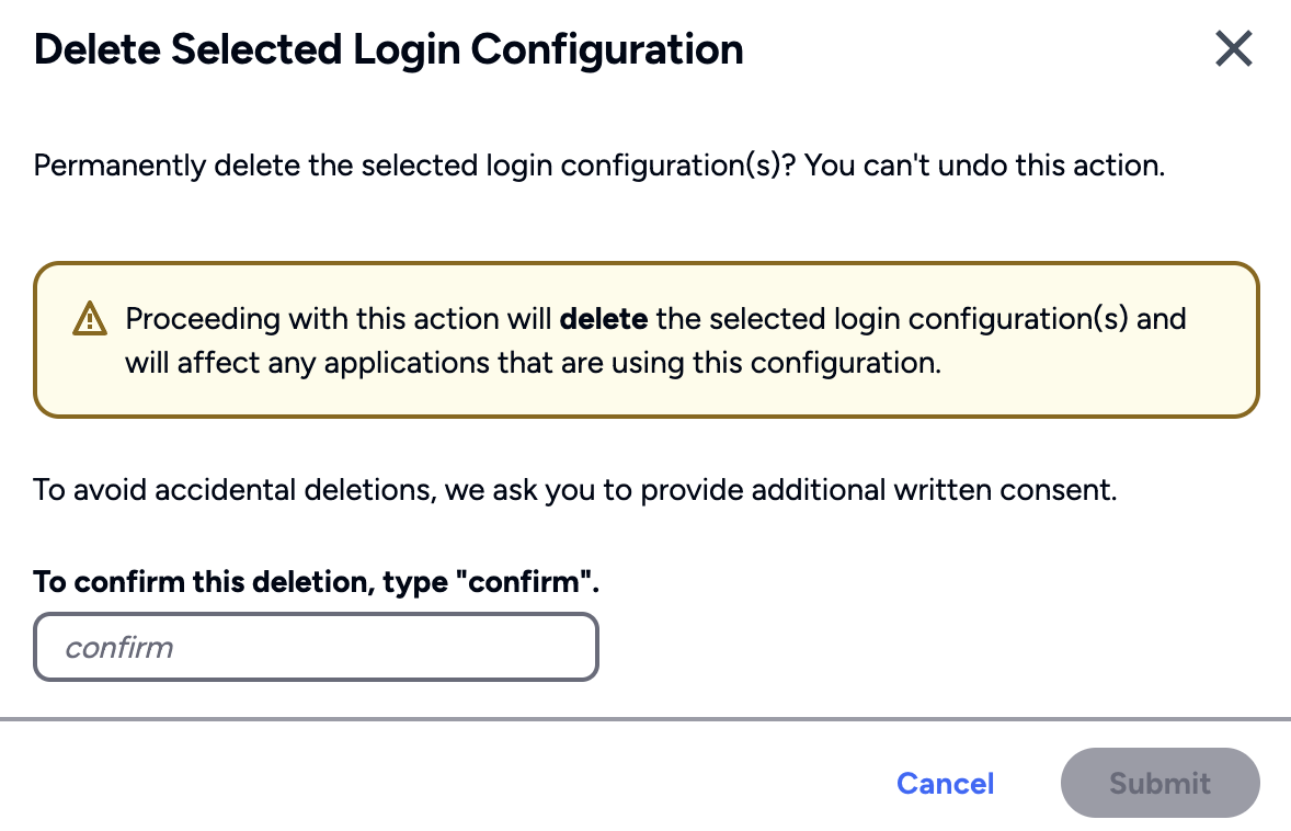 Confirm Delete Login Configuration