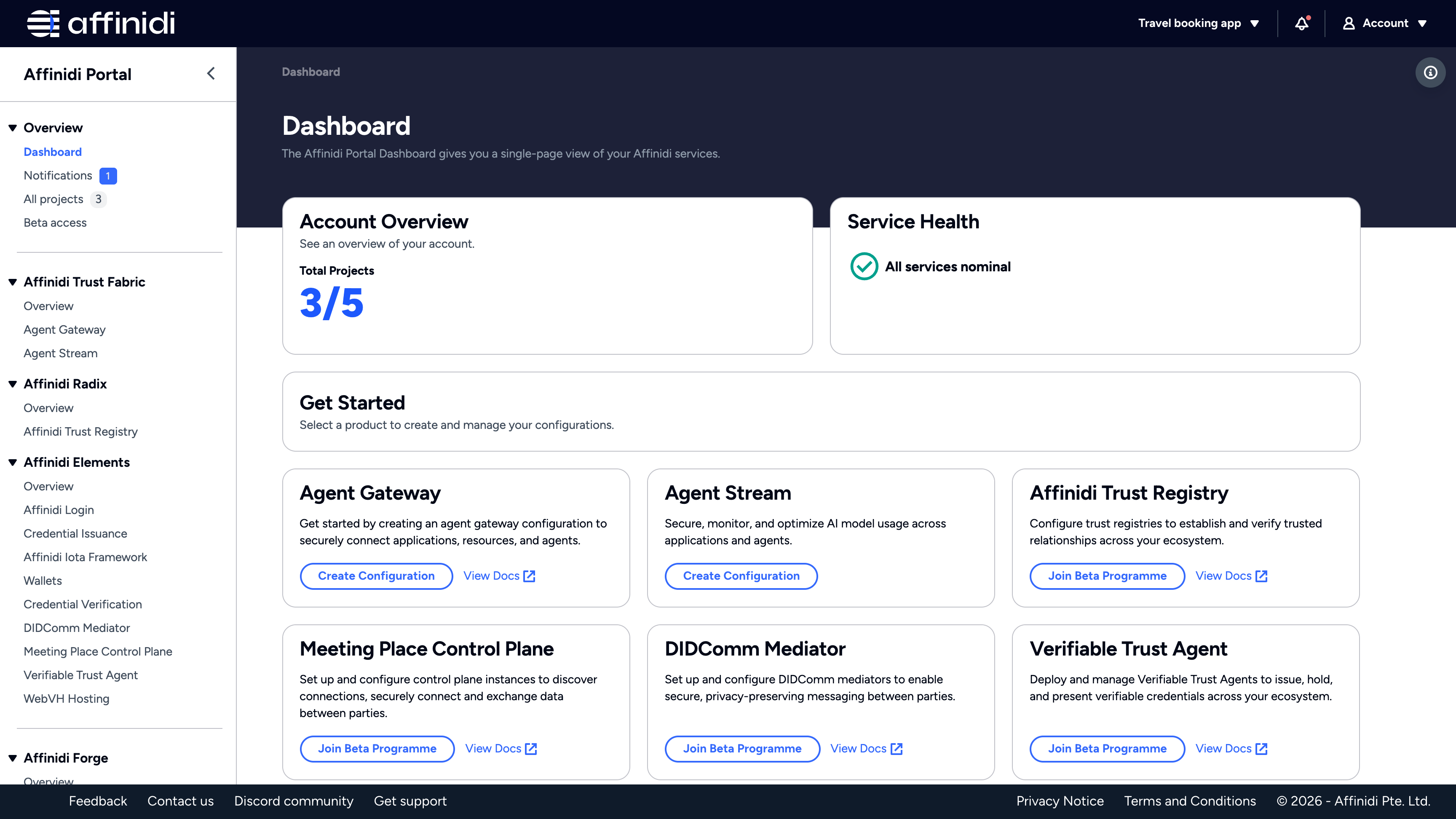 Affinidi Portal Dashboard with the sidebar, top bar, Account Overview, Service Health, and Get Started product cards