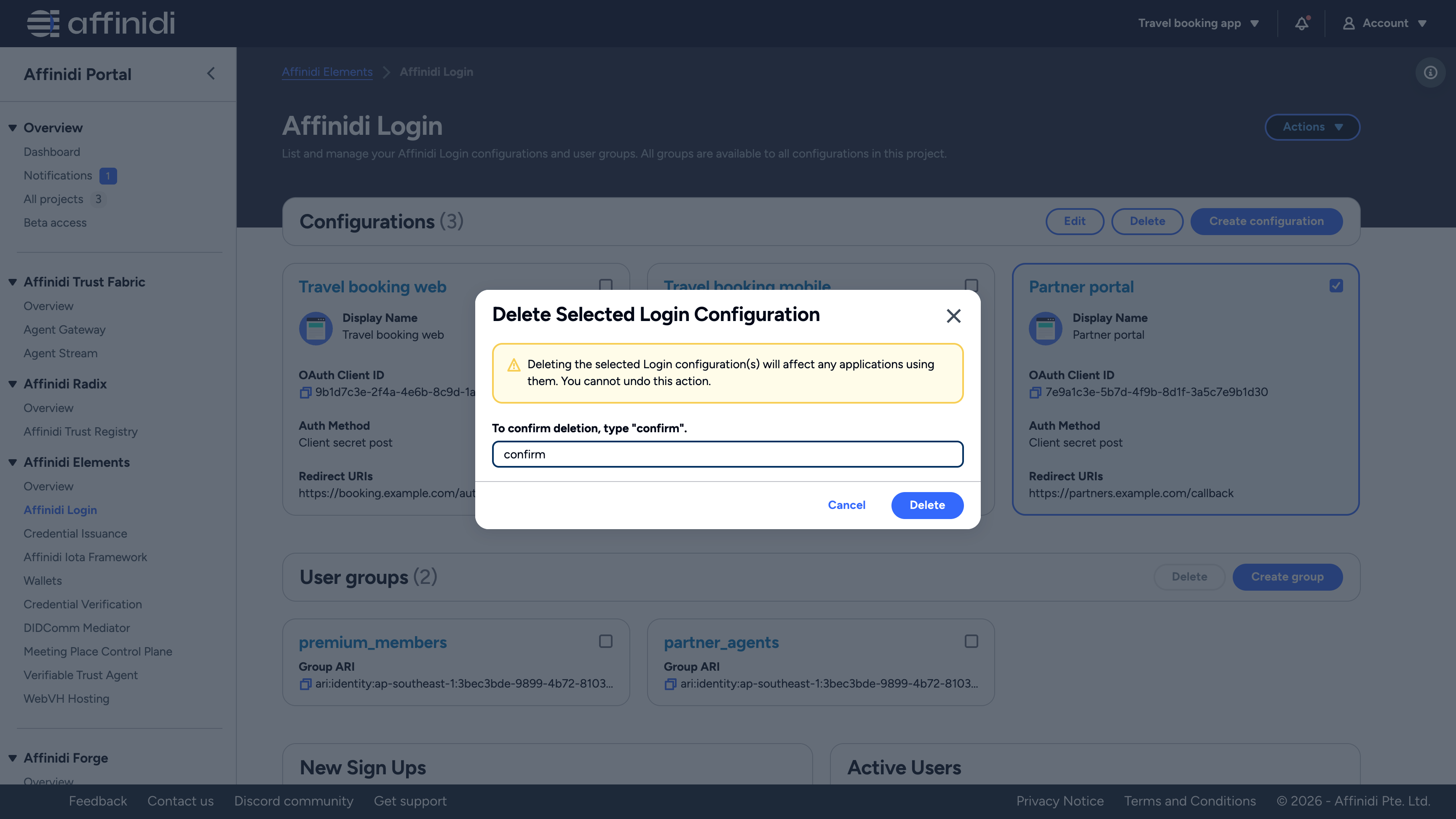 Delete Selected Login Configuration dialog with confirm typed in the confirmation field
