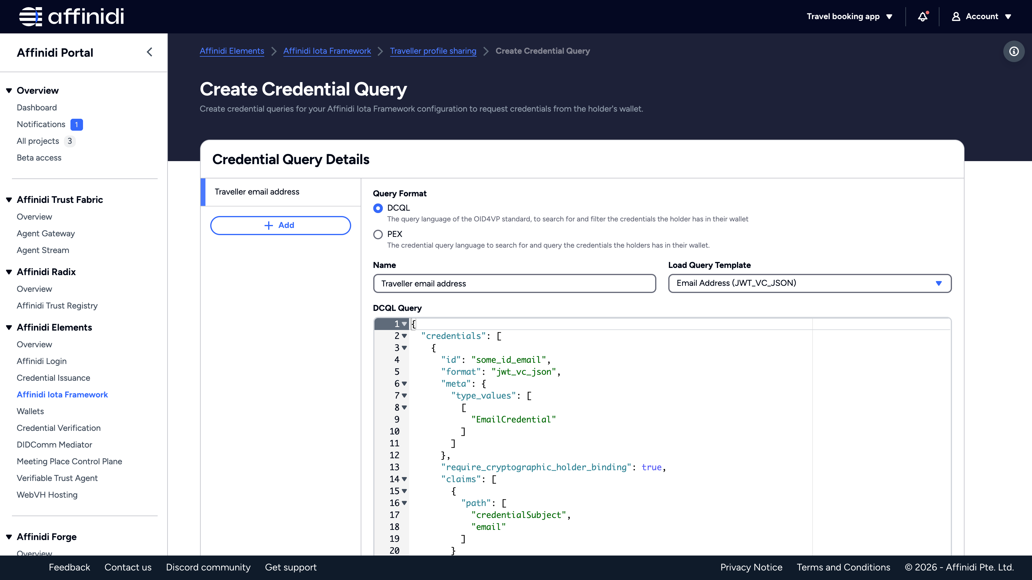 Create Credential Query page with the DCQL query format selected and a query loaded from a template