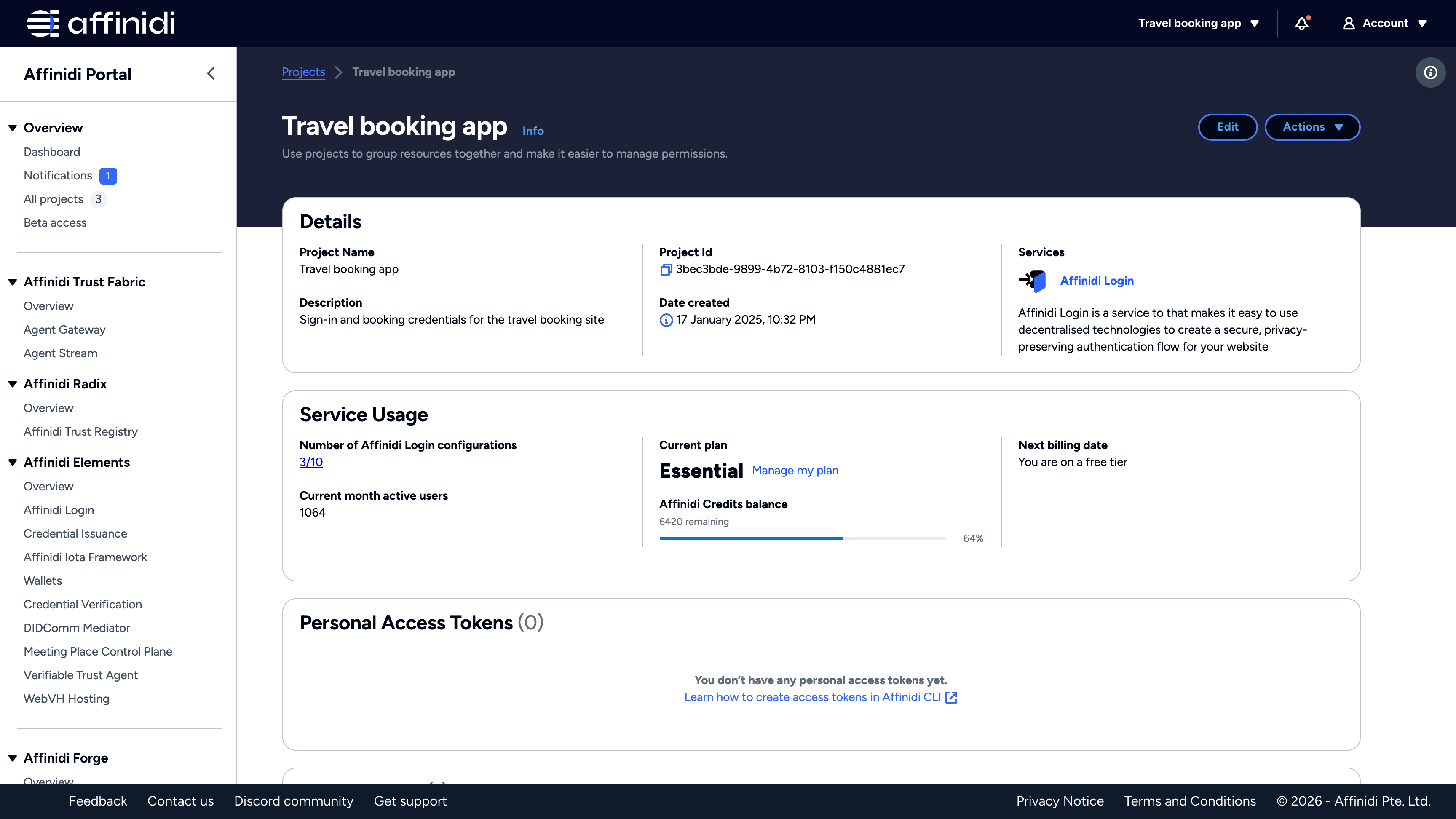 Project page showing the Details and Service Usage sections