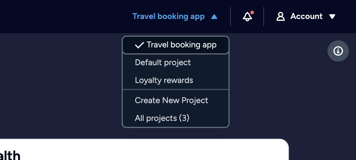 Open project switcher listing three projects, with Create New Project and All projects