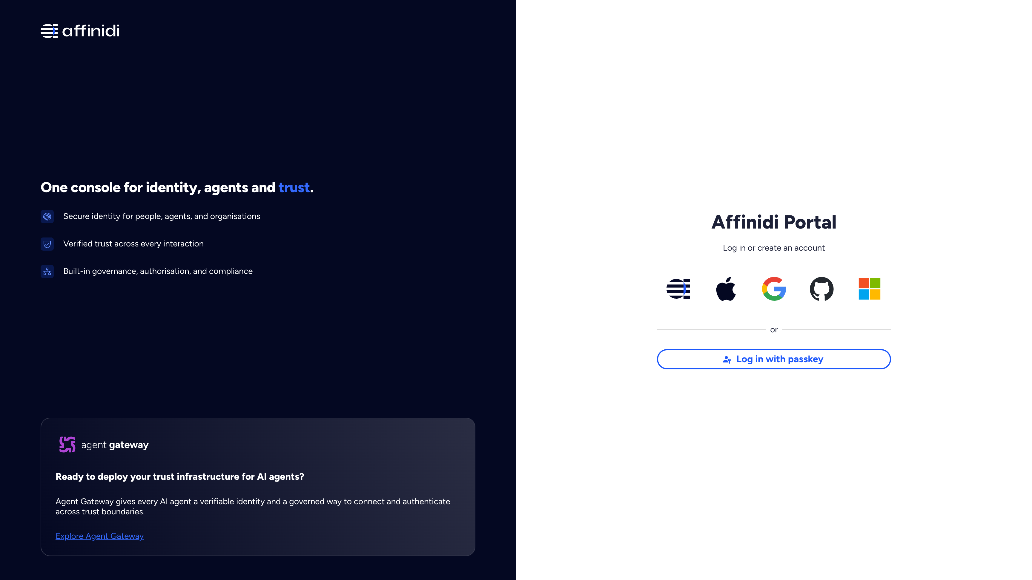 Affinidi Portal sign-in page with buttons for Affinidi, Apple, Google, GitHub, and Microsoft, and Log in with passkey
