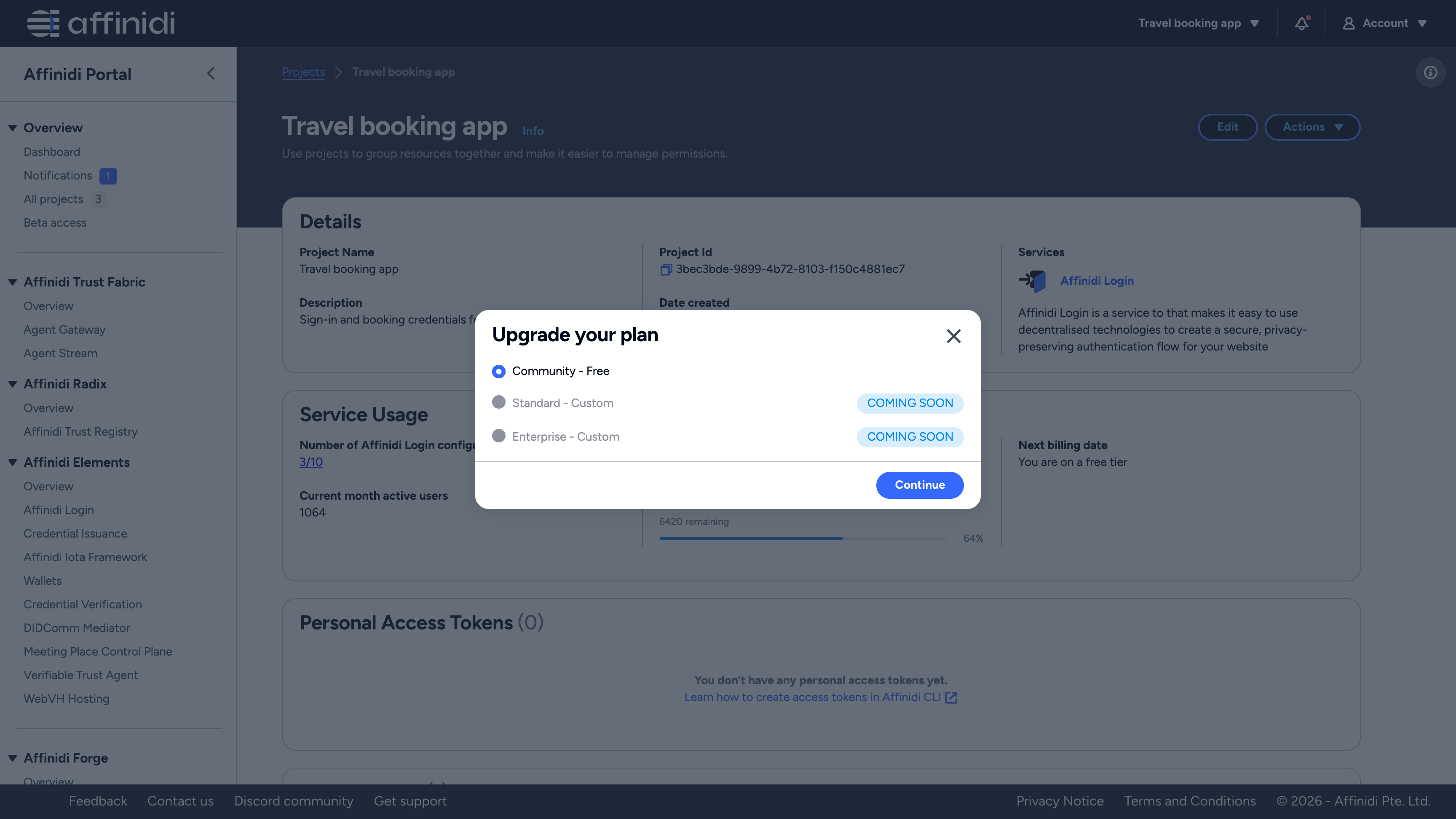 Upgrade your plan dialog with Community - Free selected