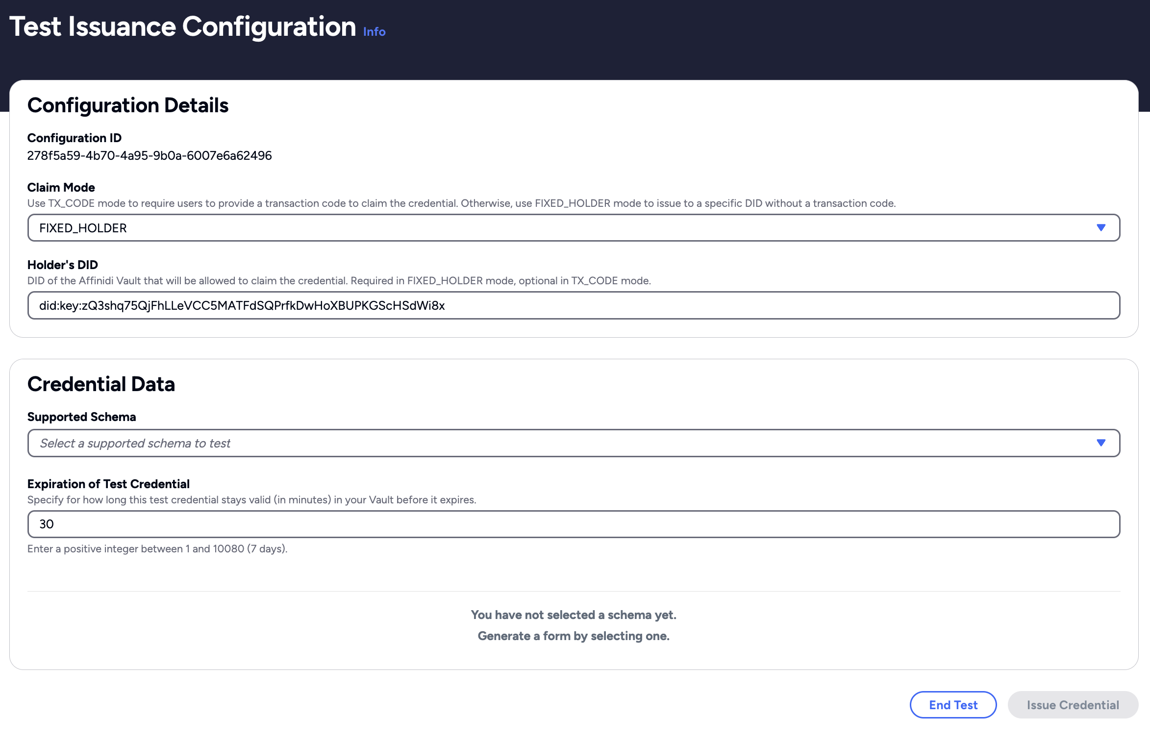 Test Credential Issuance Configuration