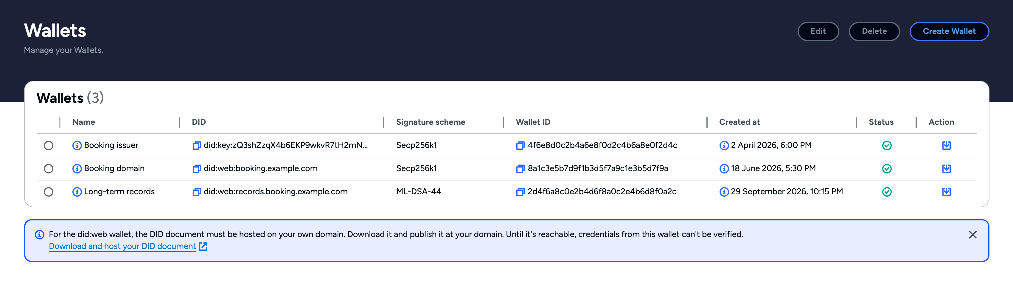 Download icon in the Action column of the Wallets page