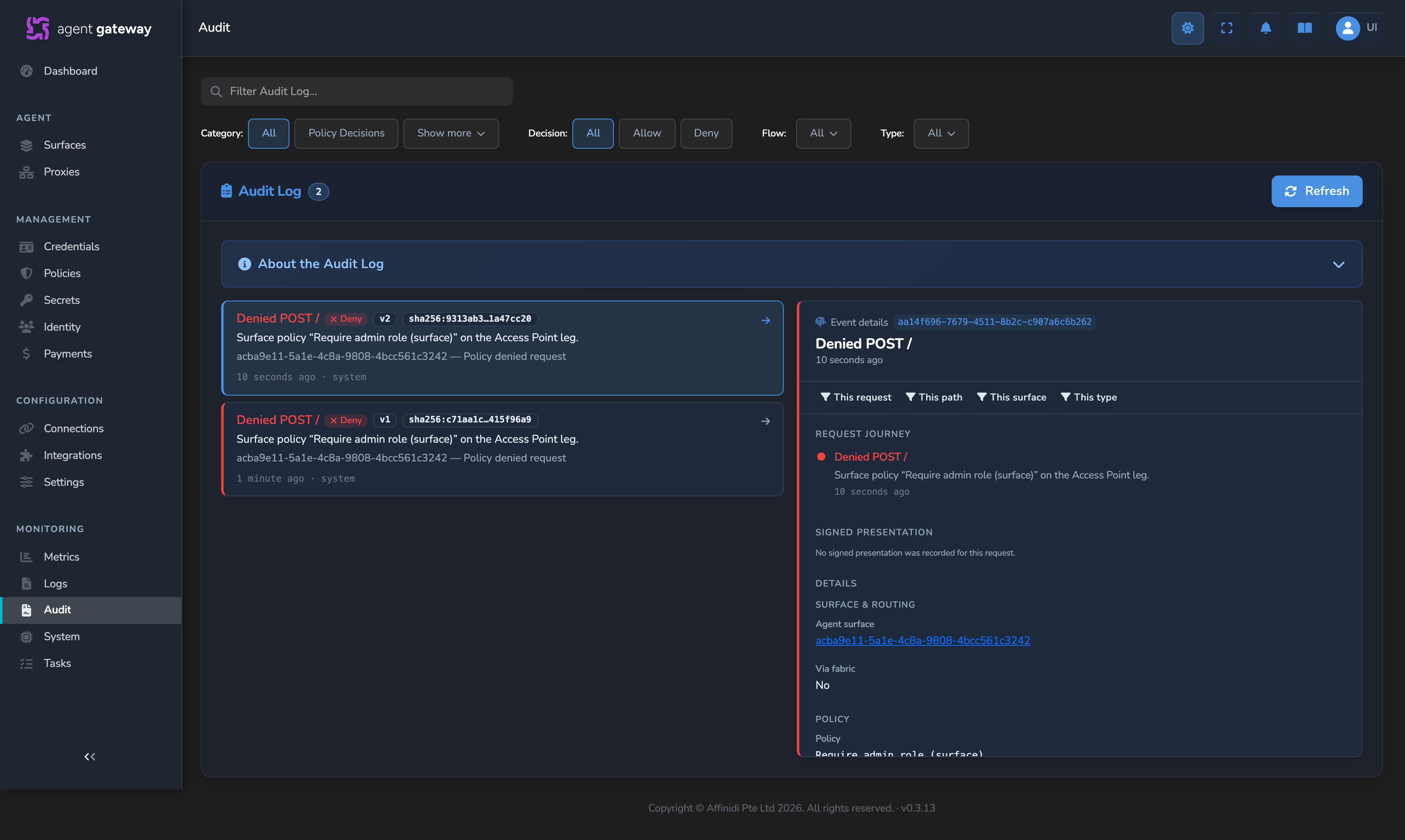 Audit Log showing two Denied policy-decision entries for the same policy at v1 and v2, each with its own content-hash chip, and the open event detail panel for the v2 entry showing the request journey and policy detail