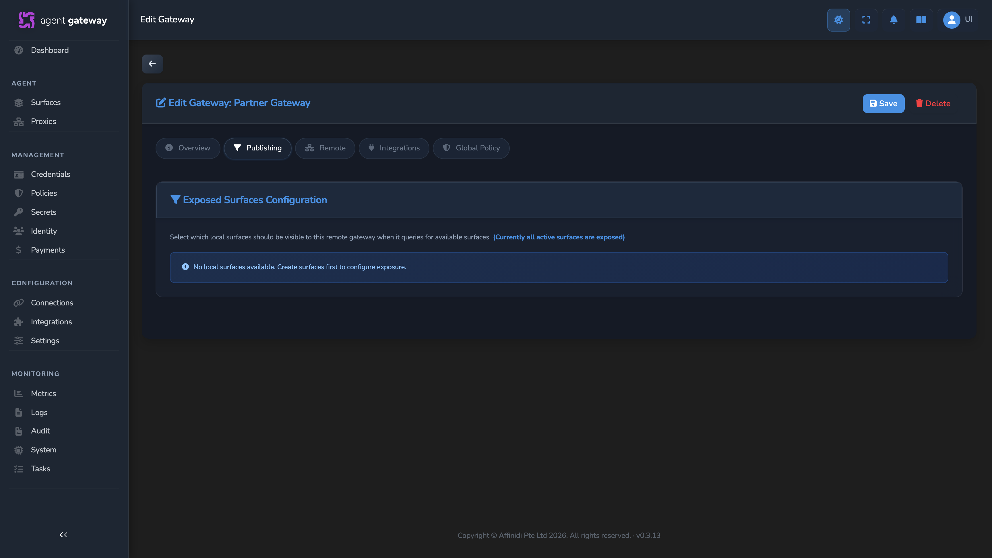 A remote gateway record's Publishing tab showing the Exposed Surfaces Configuration panel