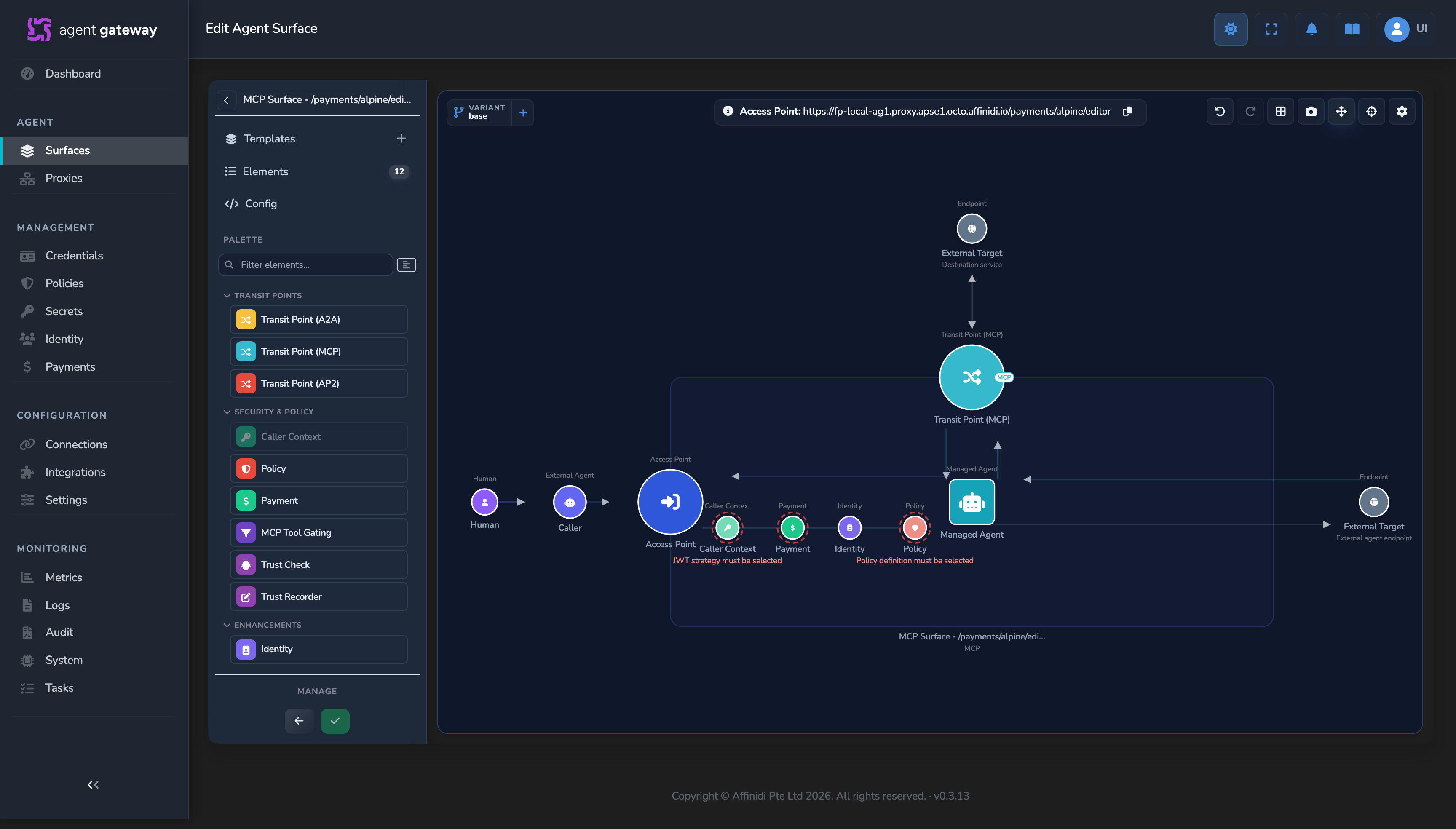 MCP surface canvas showing the inbound chain from Access Point through Caller Context, Payment, Identity, and Policy elements to the Managed Agent, with a Transit Point routing onward to an External Target