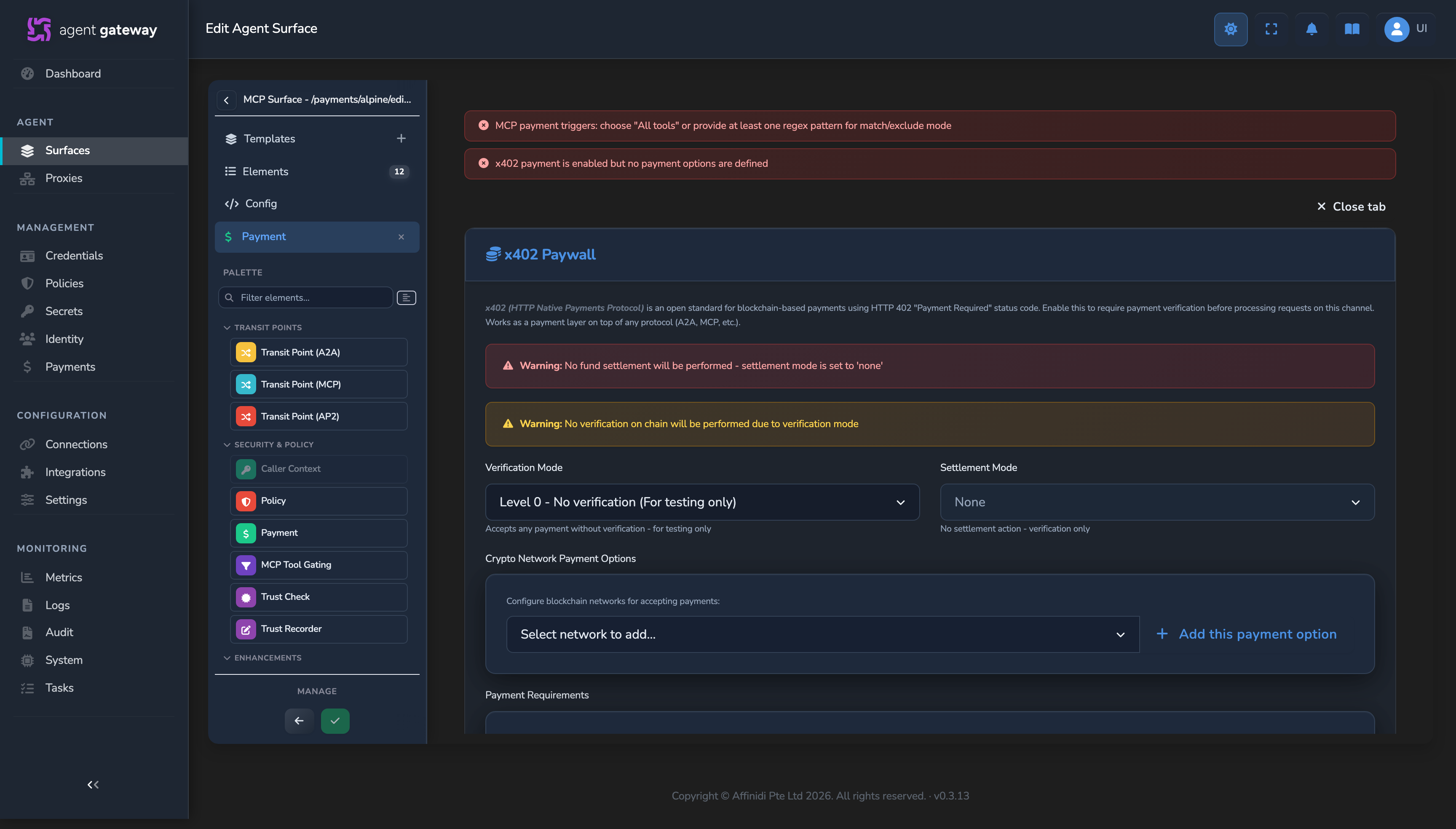 x402 Paywall fullscreen editor showing the Verification Mode field set to Level 0 - No verification, the Settlement Mode field set to None, and the crypto network payment options section