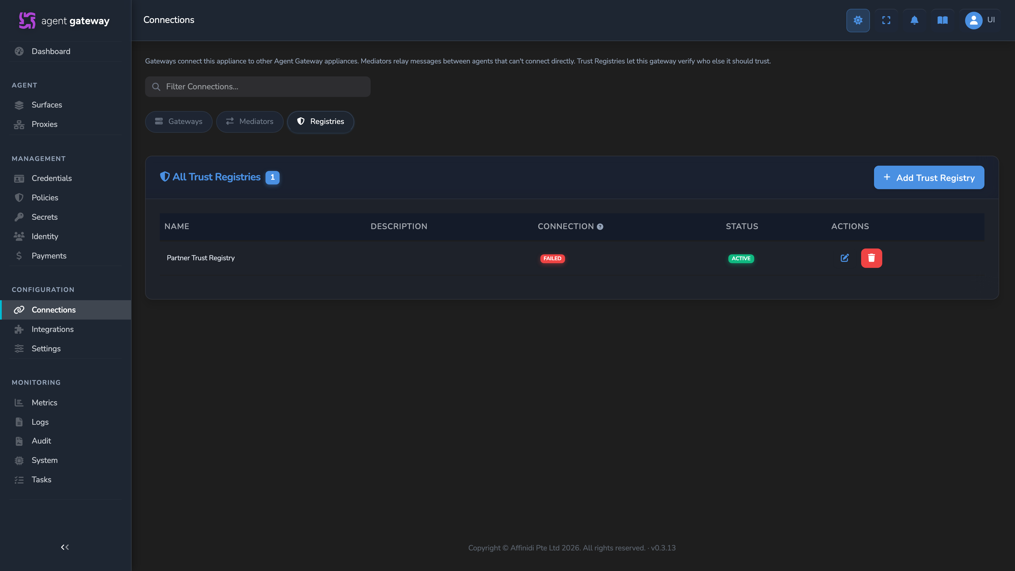 Trust Registries list under Connections, showing a registry connection with a FAILED status badge