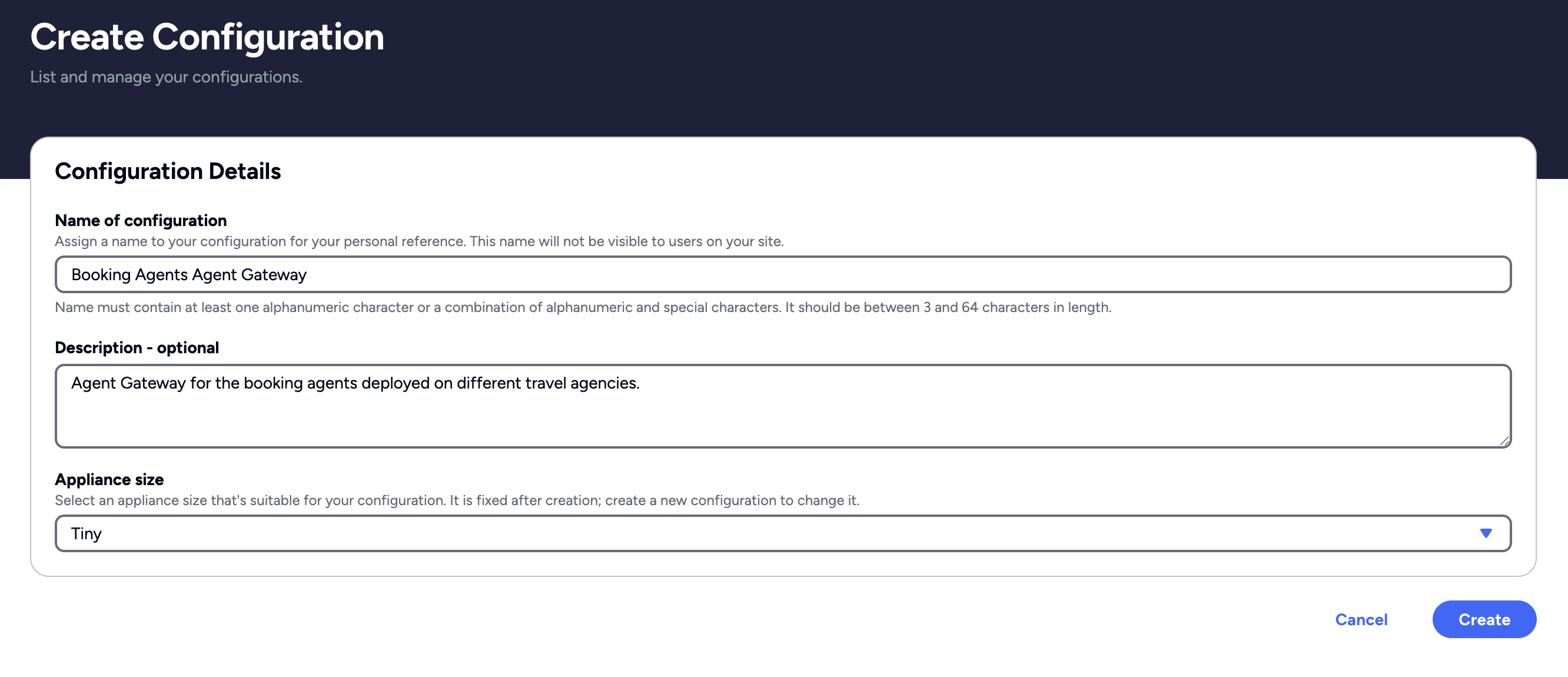 Affinidi Portal — Agent Gateway appliance configuration form