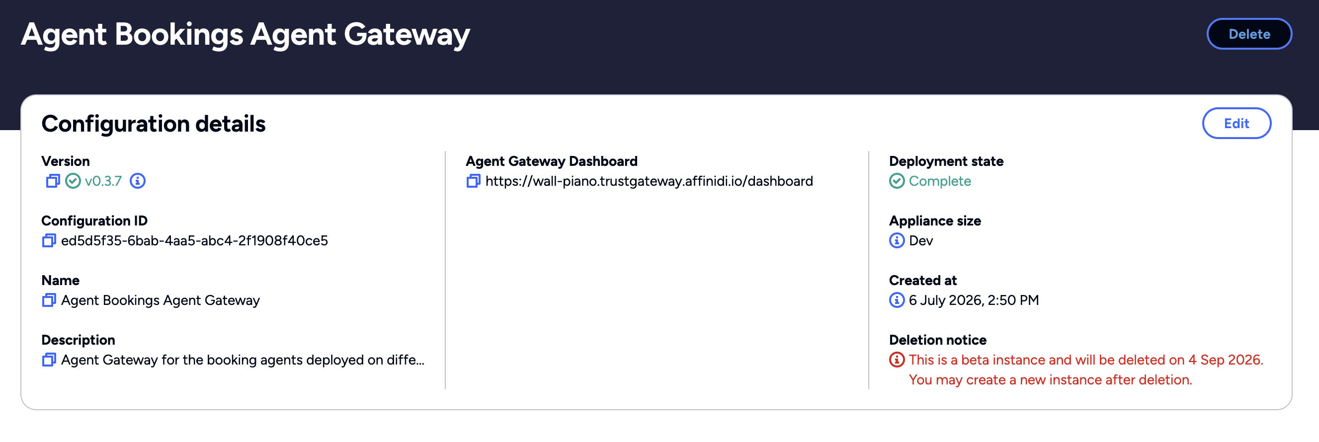 Affinidi Portal — Agent Gateway appliance active with dashboard and gateway URLs