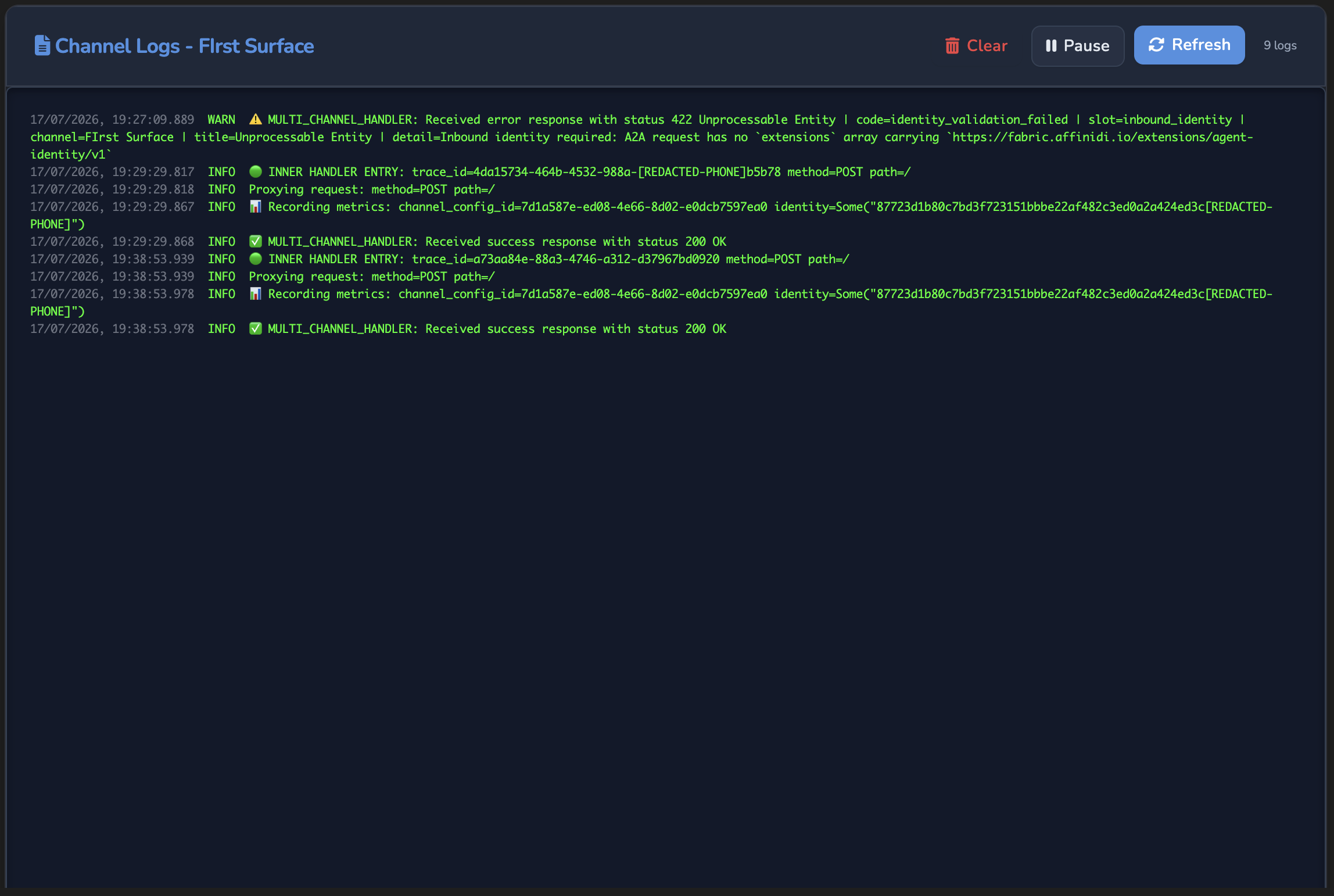 Surface canvas monitoring - channel logs