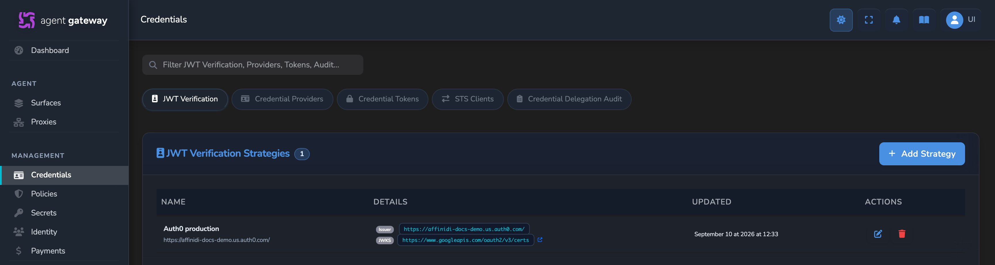 Credentials page with the JWT Verification tab selected, showing the Add Strategy button and a strategy row with its issuer and JWKS URI