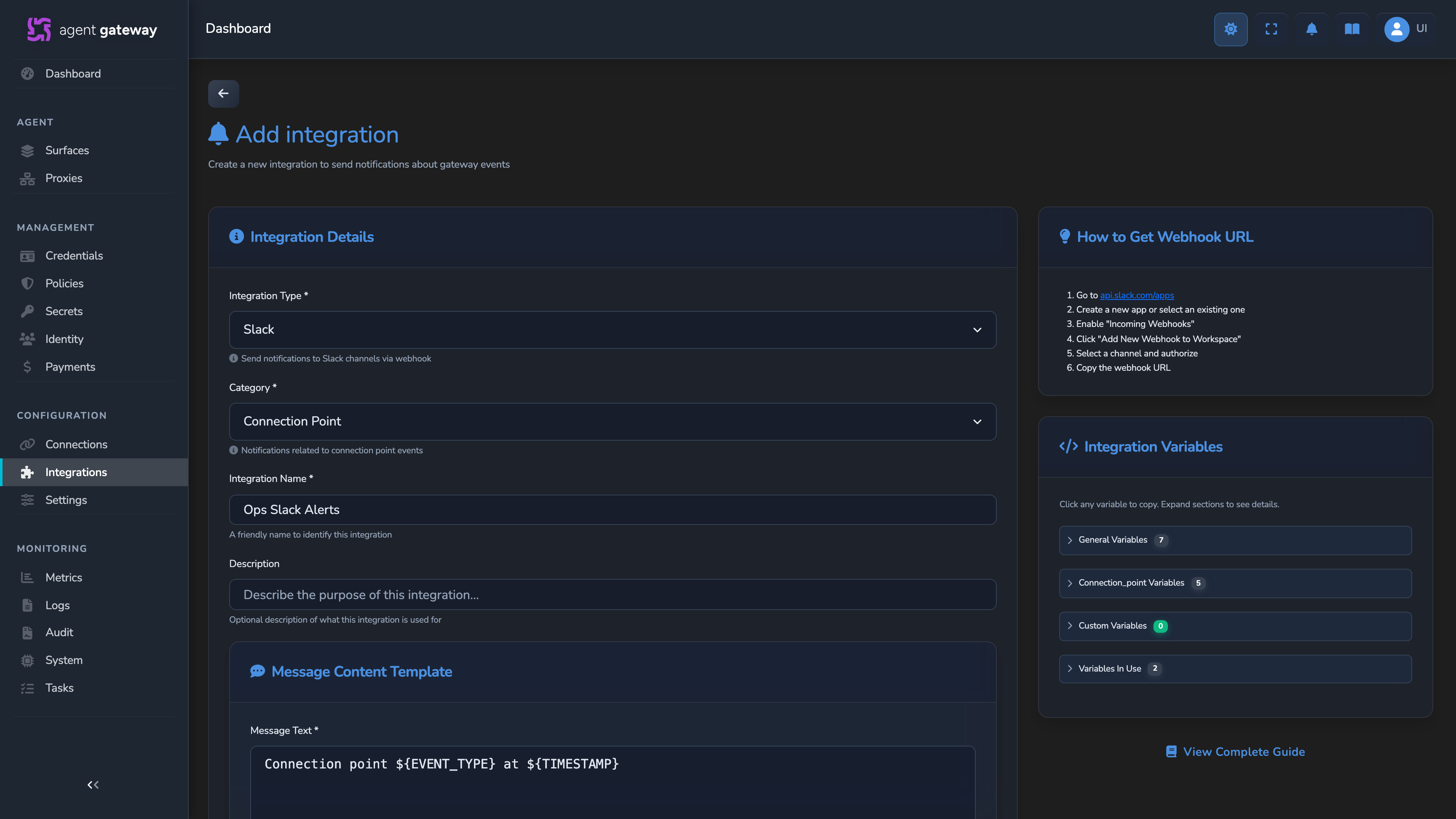 Add Integration form with Integration Type set to Slack, Category set to Connection Point, and the Message Content Template section below