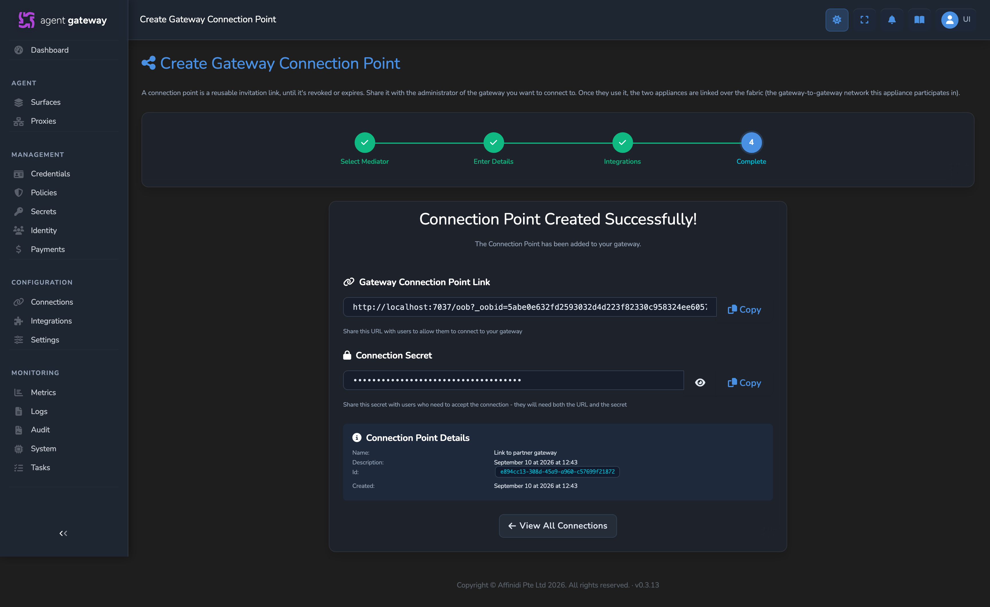 Create Connection Point wizard's Complete step, showing the Gateway Connection Point Link and masked Connection Secret ready to copy