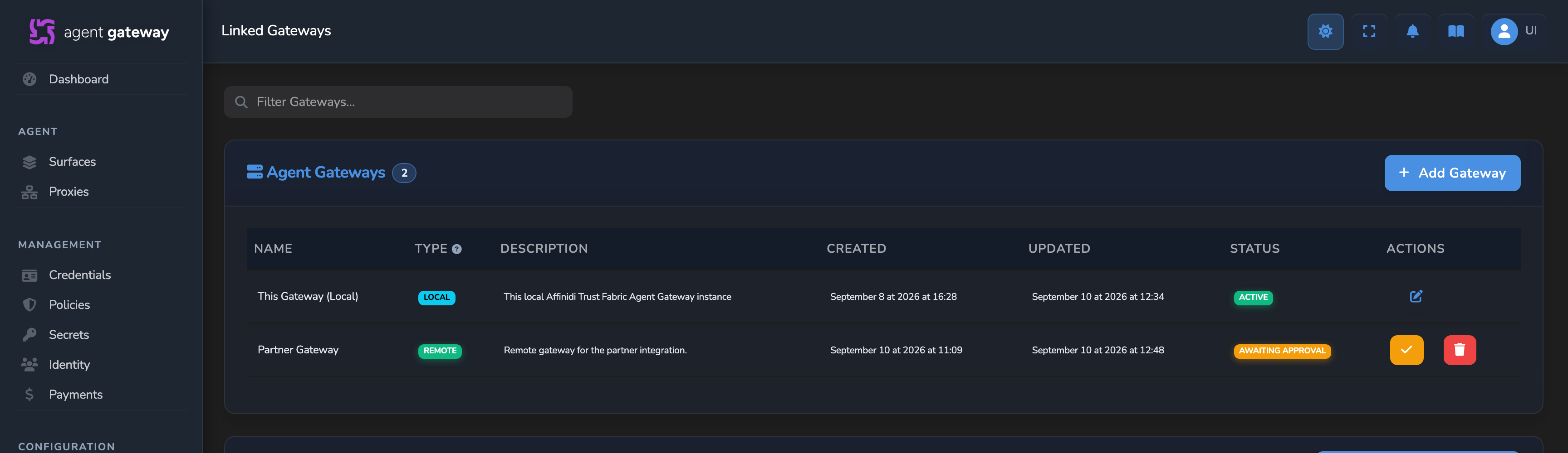 Agent Gateways table row with the AWAITING APPROVAL status badge and the unlabelled yellow check-mark icon button in the Actions column