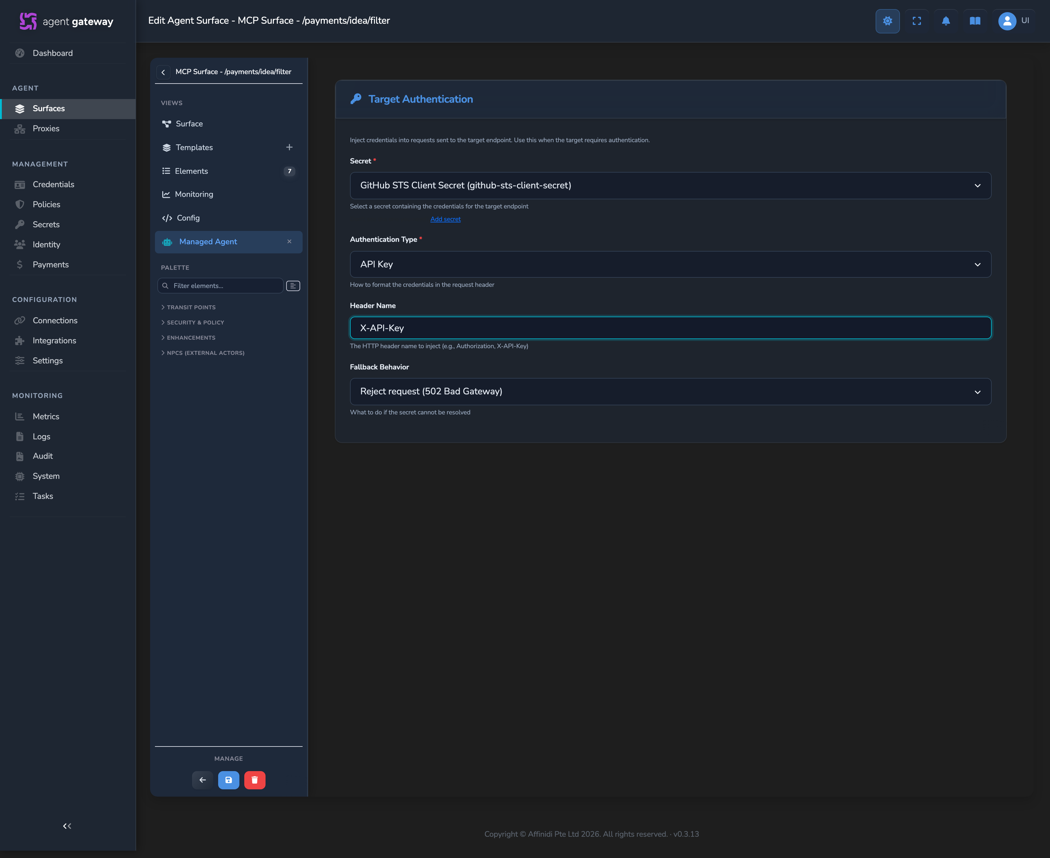 Target Authentication editor with Authentication Type set to API Key, a selected Secret, and the Header Name field set to X-API-Key