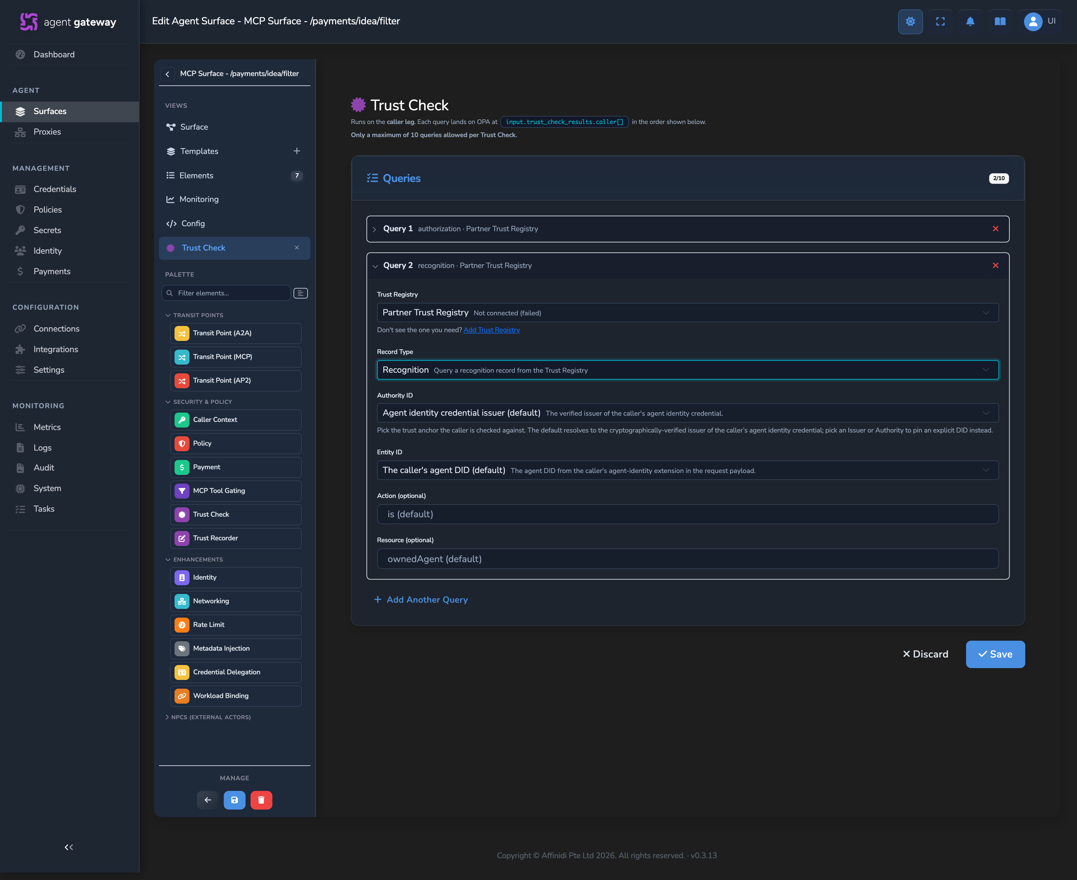 Trust Check Configure Queries editor with an Authorization query and a Recognition query, both set against the Partner Trust Registry