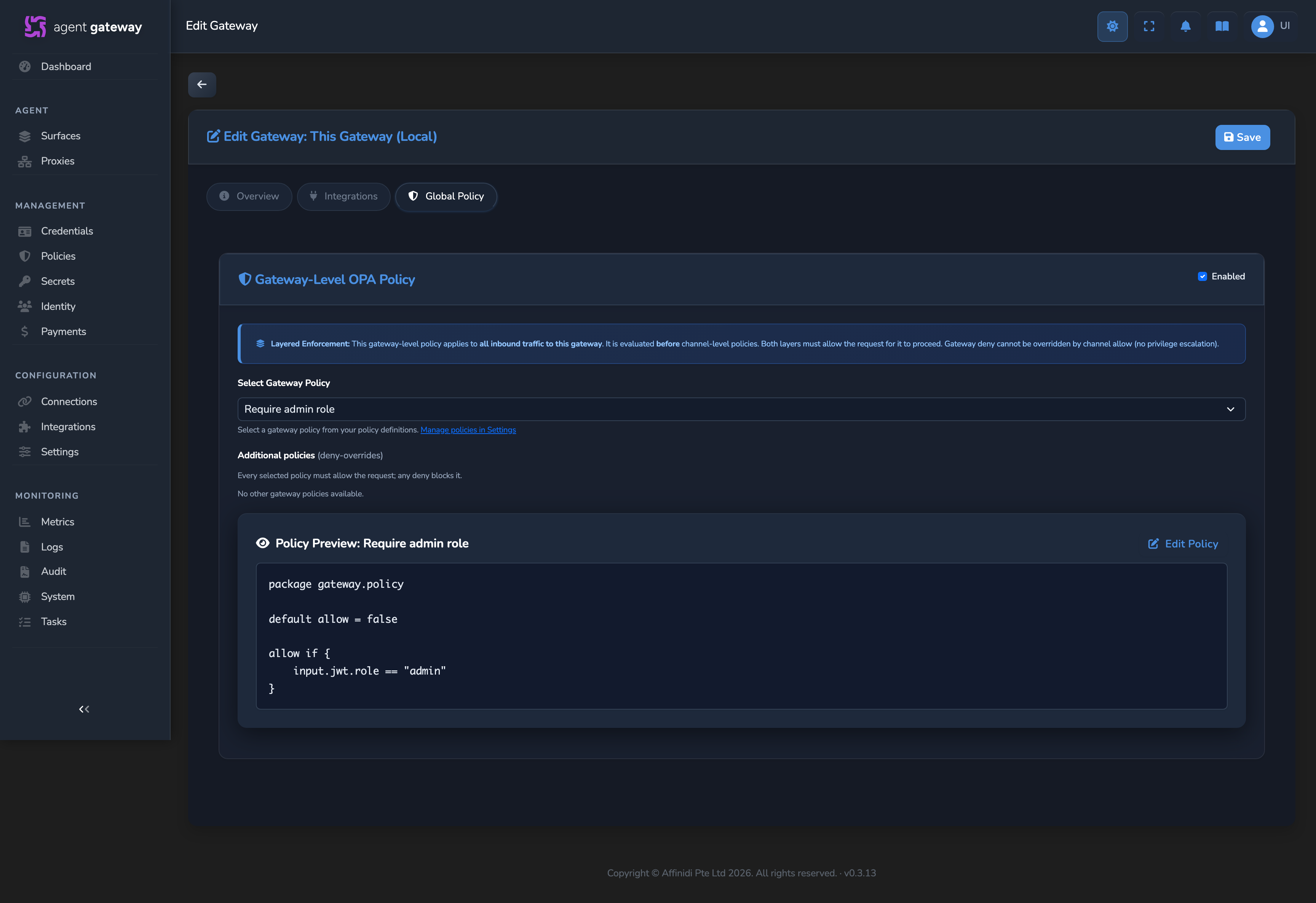 Gateway editor's Global Policy tab with Enabled checked, Require admin role selected in the Select Gateway Policy dropdown, and the read-only Policy Preview below it