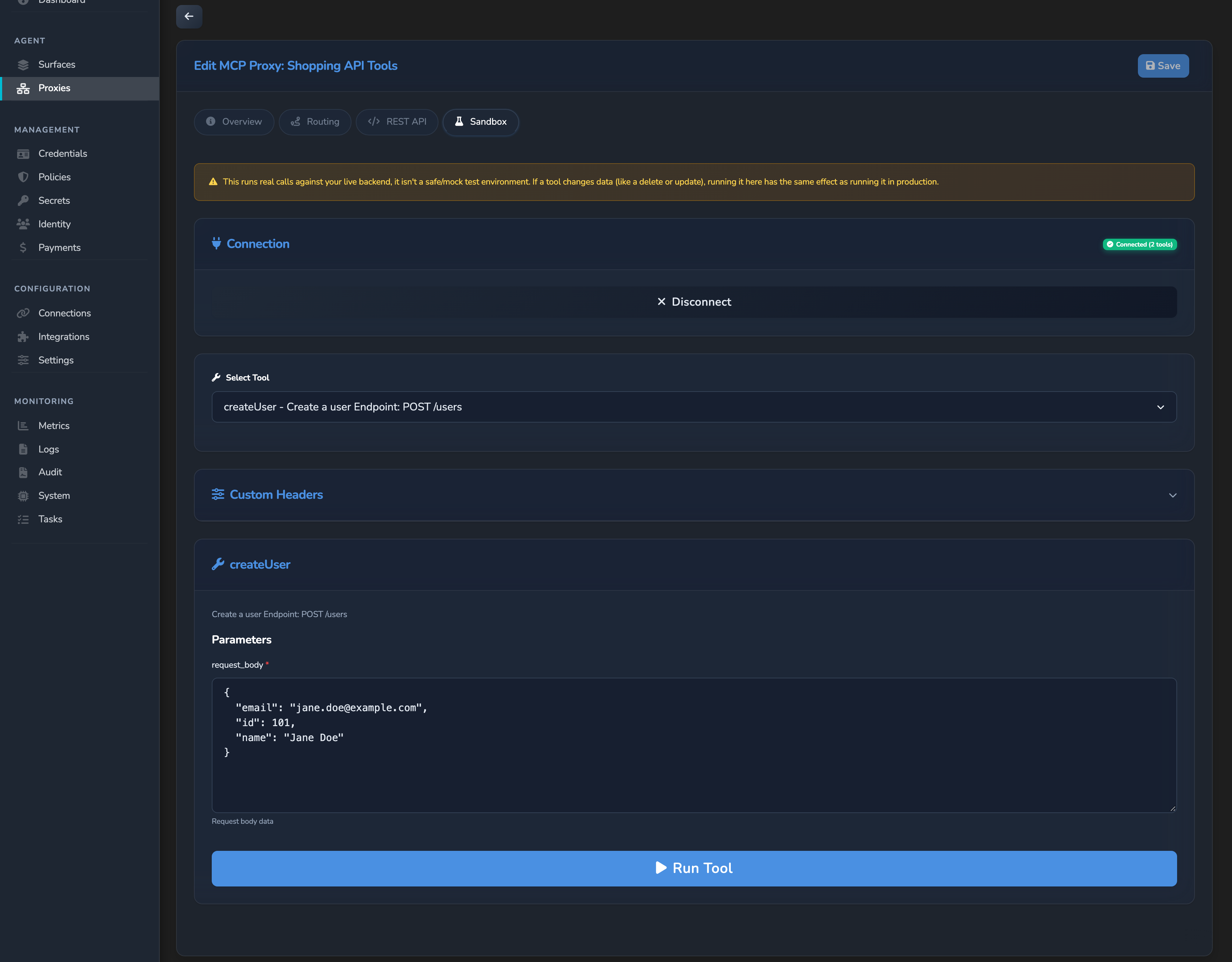 MCP Proxy Sandbox tab connected with 2 tools, showing the createUser tool selected with its request_body parameter and the Run Tool button