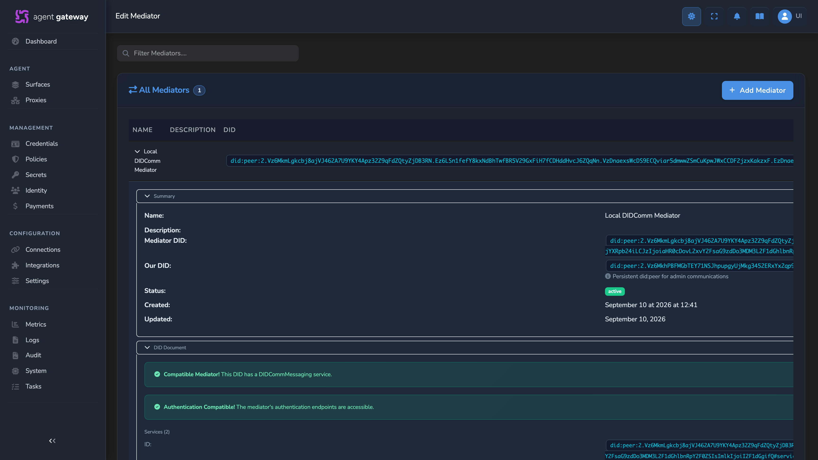 Expanded mediator row with the Summary section above the DID Document section's Compatible Mediator! and Authentication Compatible! banners