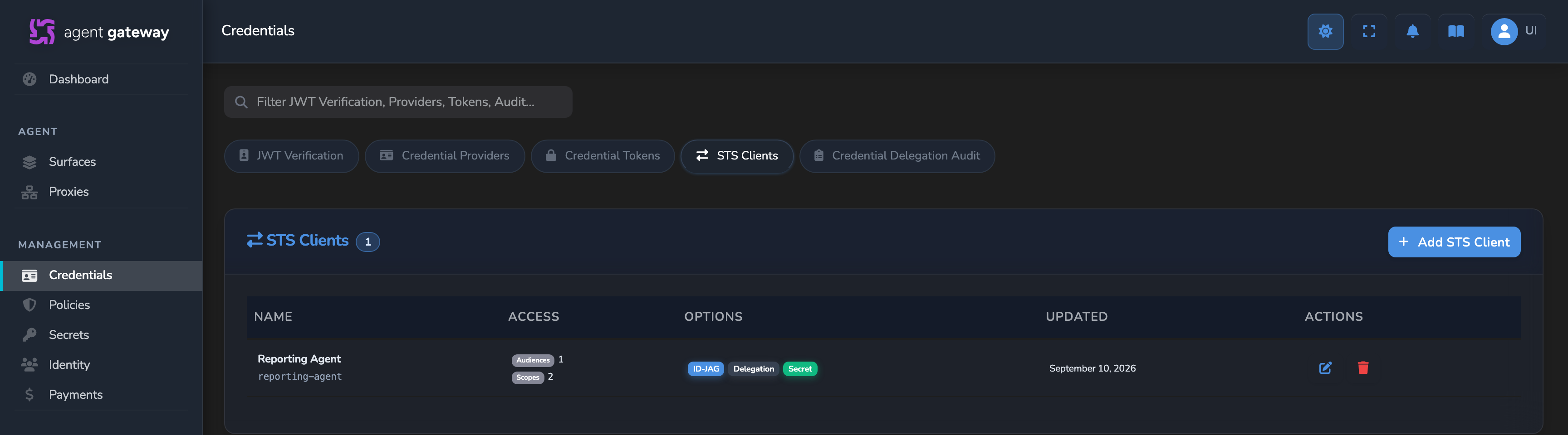 STS Clients list showing a client row's audience and scope counts alongside its ID-JAG, Delegation, and Secret indicators