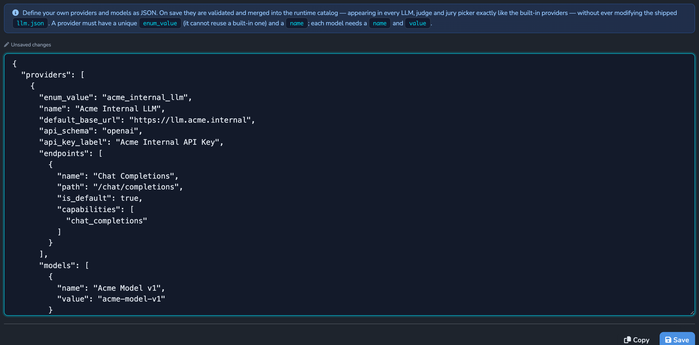 The Custom LLM Providers catalogue editor, with a draft JSON definition for a new provider's identifier, name, base URL, and API key label