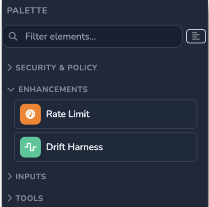 Agent Stream's Drift Harness element in the surface builder palette
