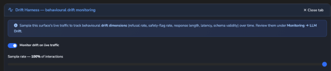 The Drift Harness configuration showing live monitoring and the sample rate