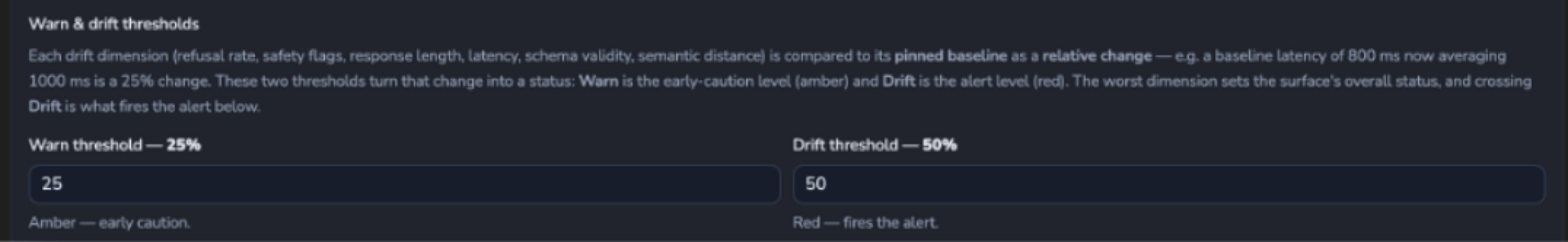 LLM Drift alert threshold controls showing warn and drift levels
