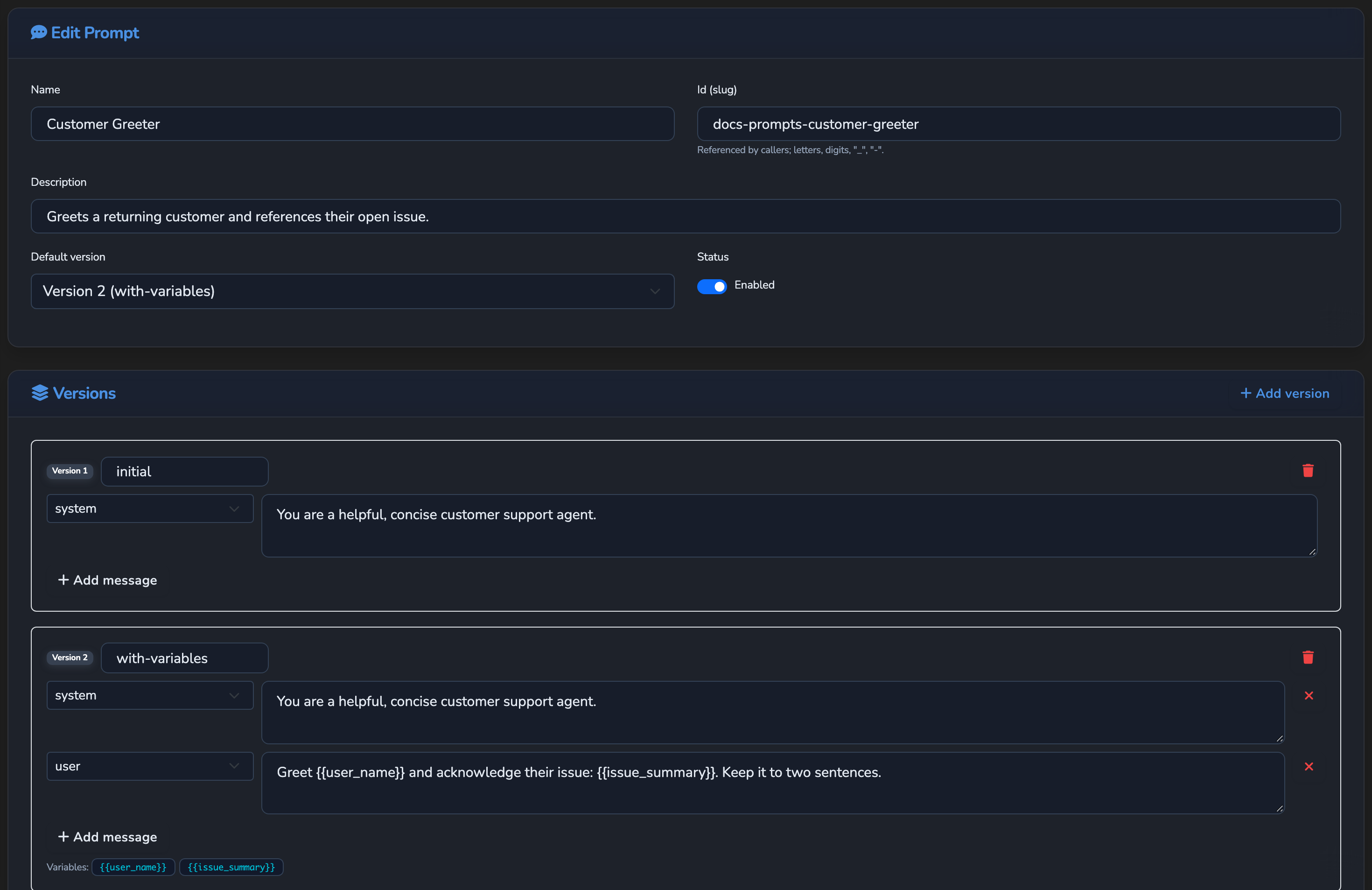 The Edit Prompt page, showing Name, Id, Description, and Default version fields above a version card with its messages array and auto-detected variables
