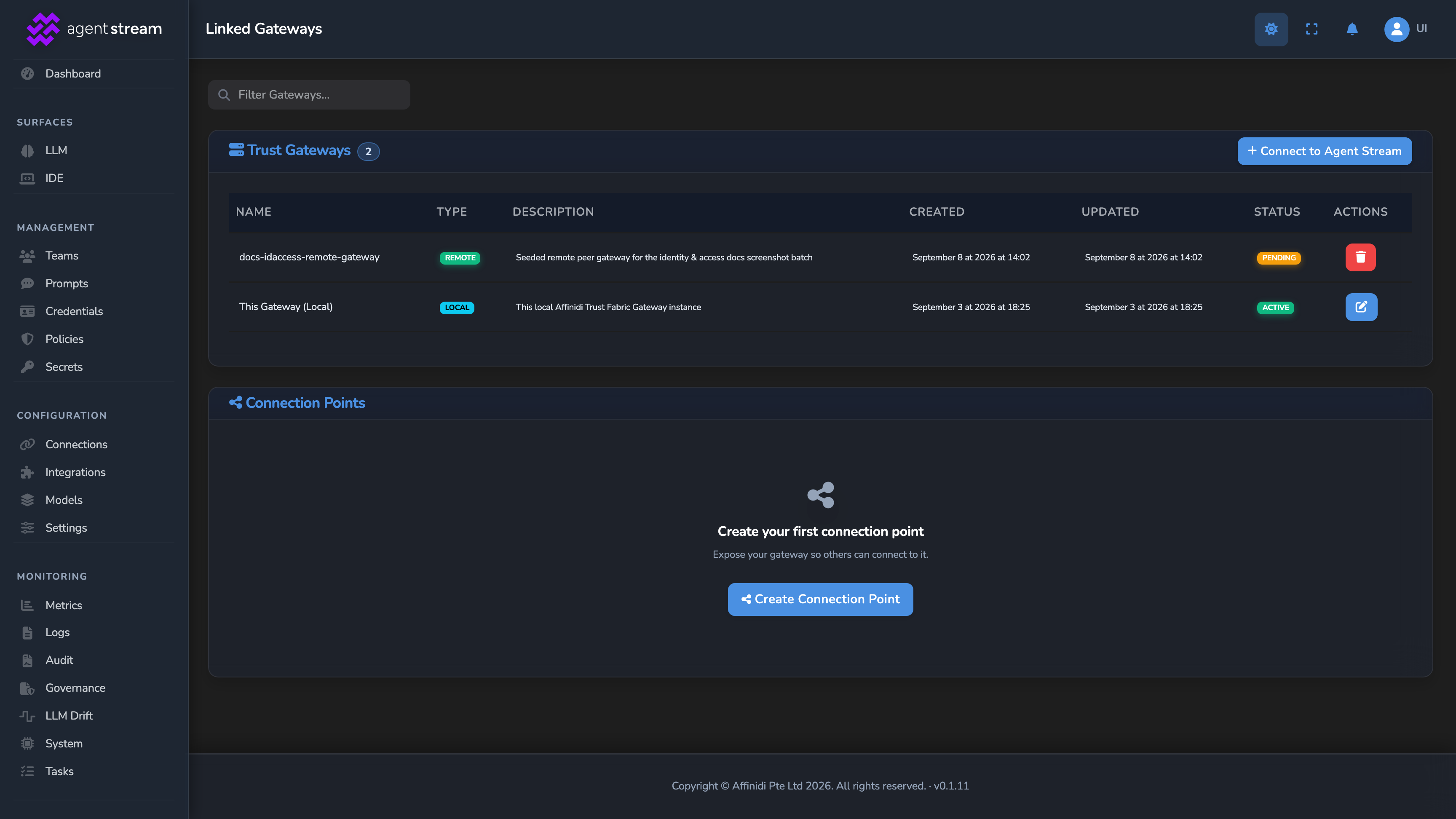 The Gateways list showing the local gateway record and a remote gateway record, with their name, type, and status