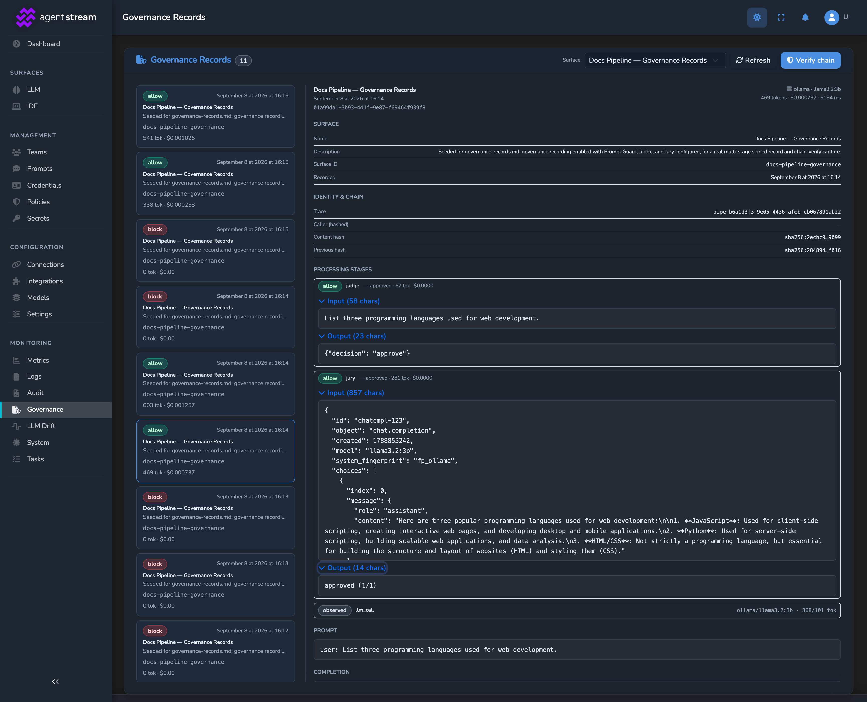 The Governance Records page, with a record selected from the list on the left and its expanded detail panel on the right showing the identity and chain section, the ordered processing stages with each stage's verdict, and the recorded prompt and completion