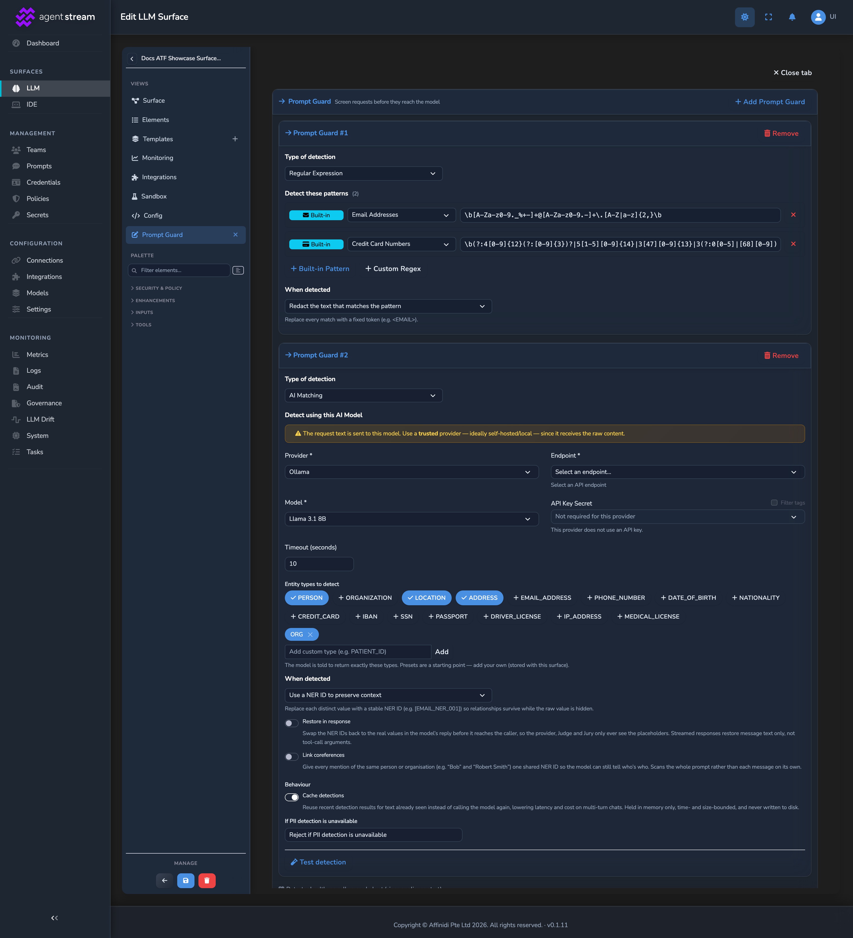 The Prompt Guard fullscreen panel, showing a Regular Expression entry with its When detected action alongside an AI Matching entry with a provider, model, and entity types to detect