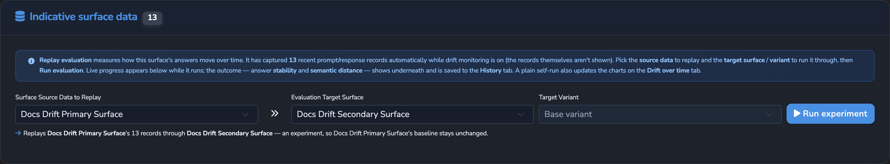 The replay evaluation's source and target surface selectors, set to run a captured session from one surface through a different target surface