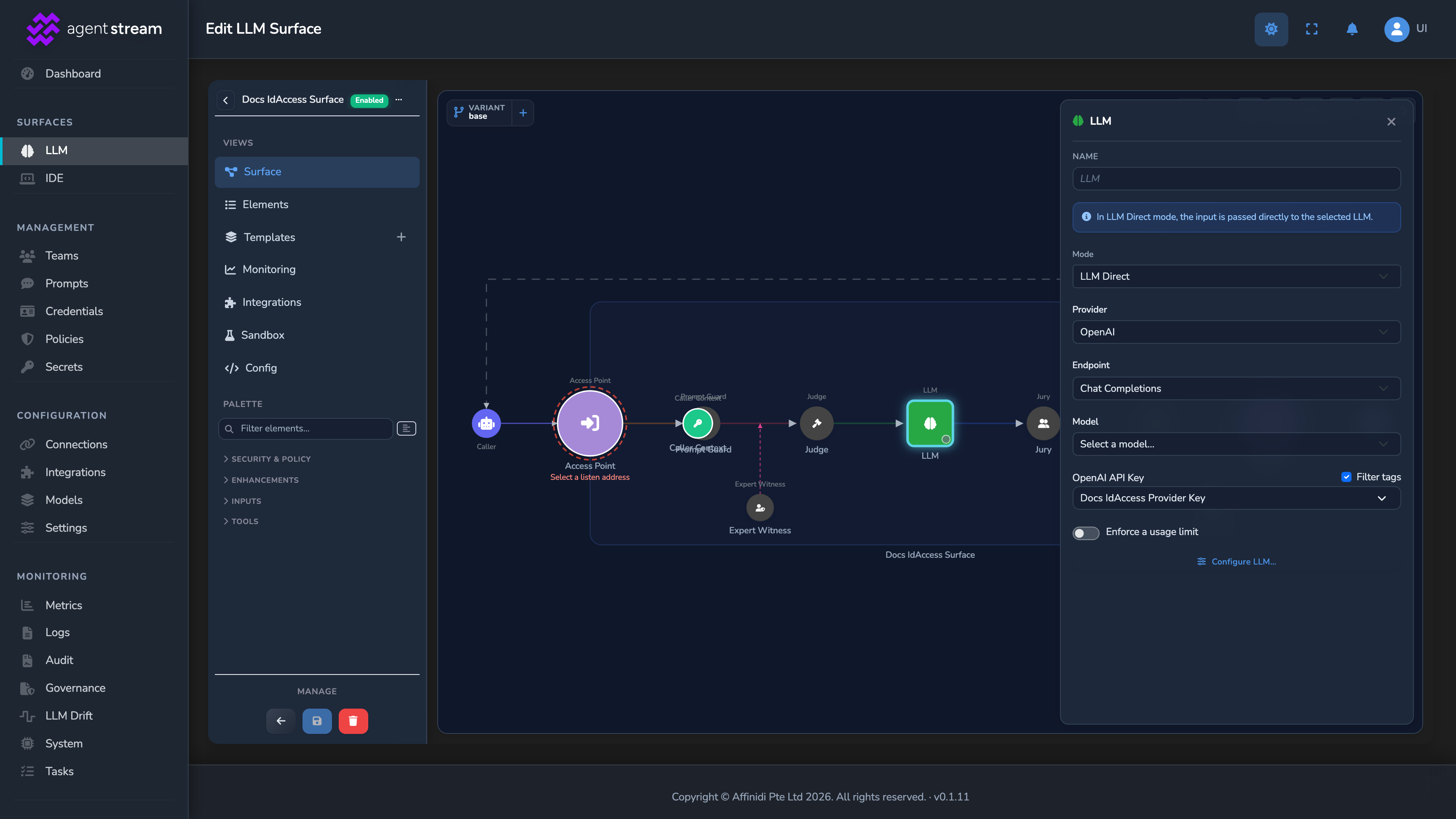 An LLM node's provider settings, with the OpenAI API Key field referencing a named secret rather than a pasted credential