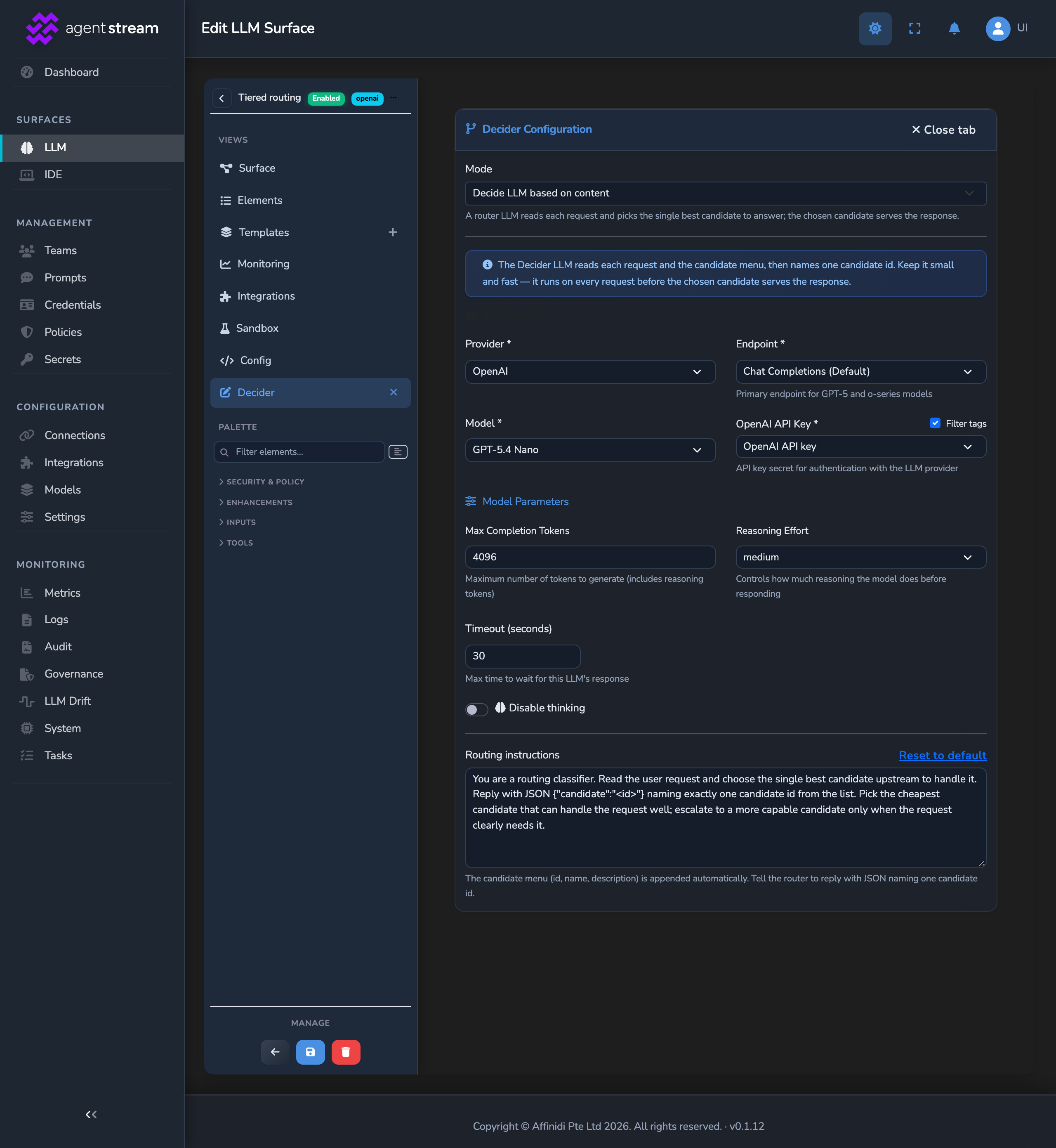 The Decider Configuration fullscreen panel, showing Mode, Provider, Endpoint, Model, and the routing instructions the router LLM uses to pick a candidate