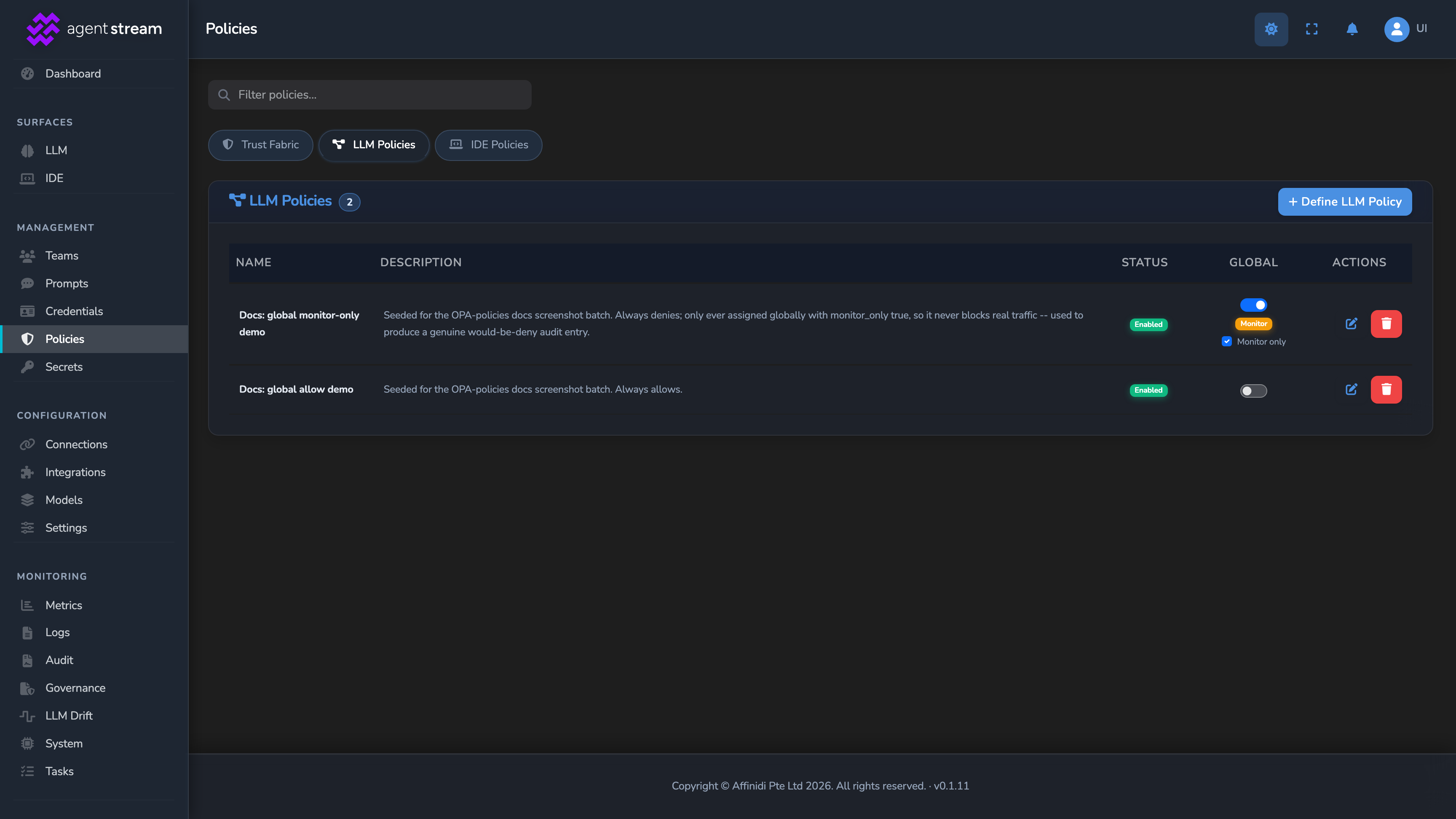 The Policies page showing its type tabs and a policy row with its Global switch on, a Monitor badge, and the Monitor only checkbox checked