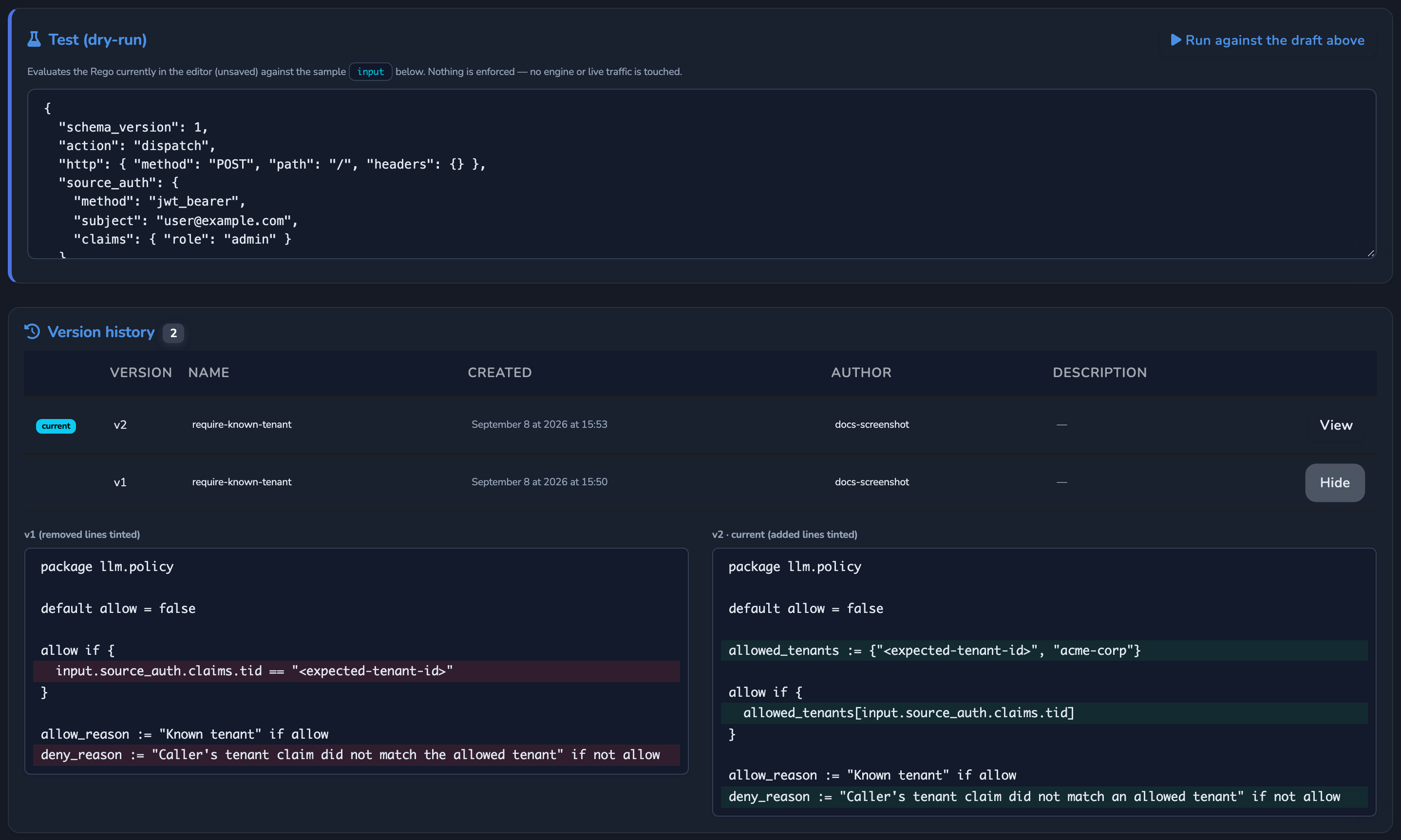 A policy's Test (dry-run) panel above its Version history, with a side-by-side diff between two saved versions