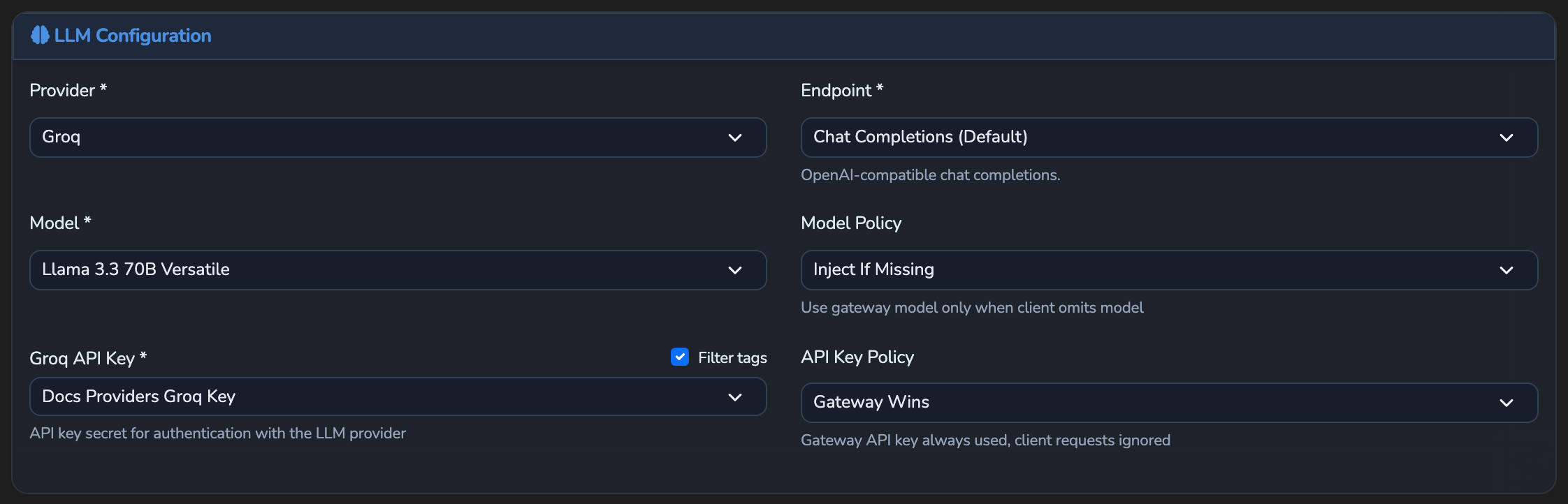 An LLM Surface's provider configuration with Groq selected as a first-class preset, showing its endpoint, model, and API key secret