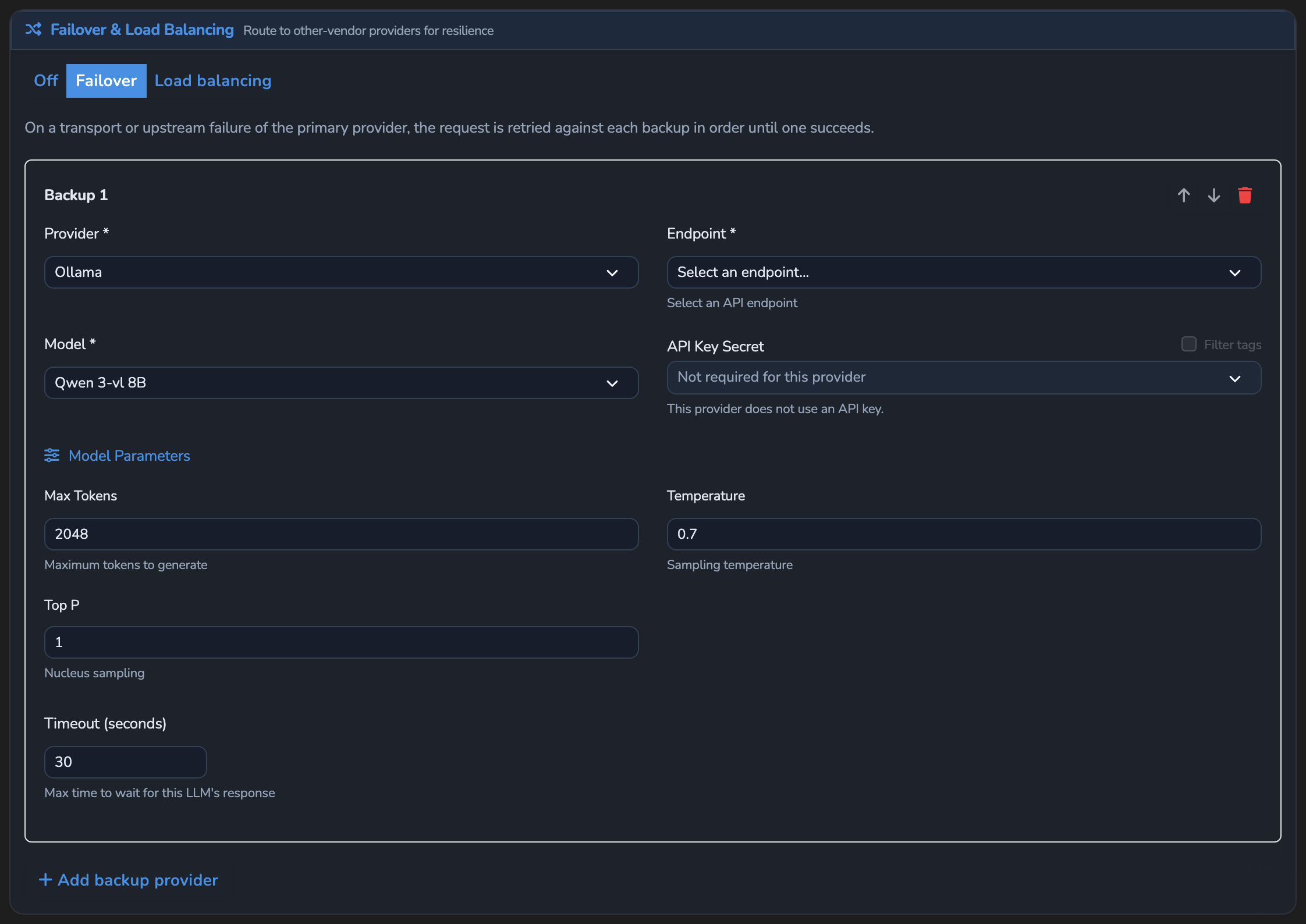 The Failover & Load Balancing selector, showing the mutually exclusive Off, Failover, and Load balancing choice, with Failover selected and one backup provider configured