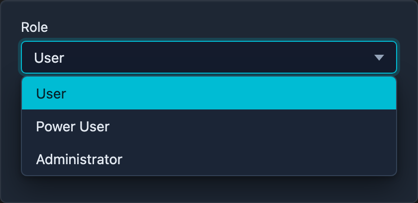 The account role dropdown, open to show User, Power User, and Administrator