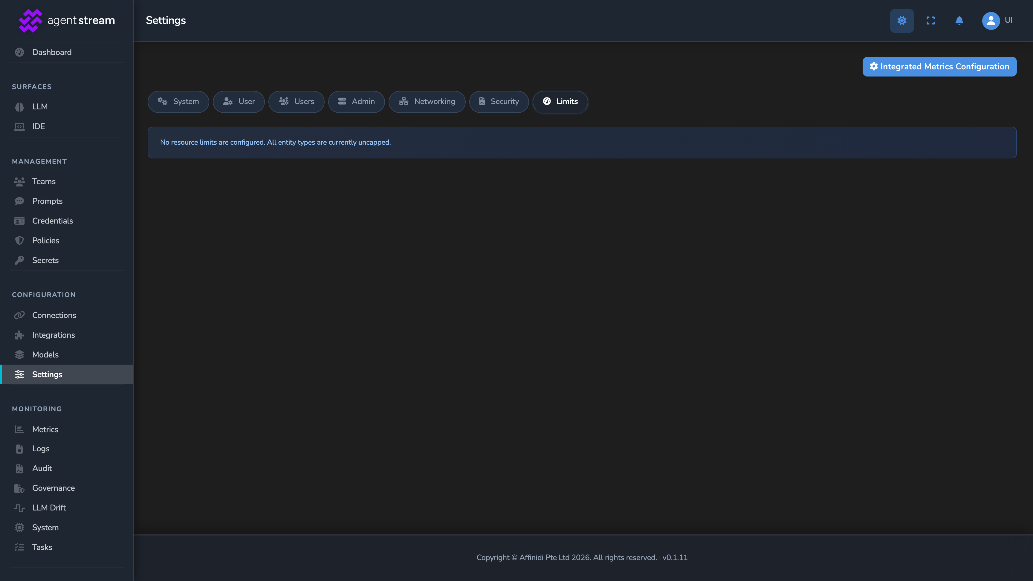 The Limits tab in Settings, showing its empty state when no appliance-tier limits are configured