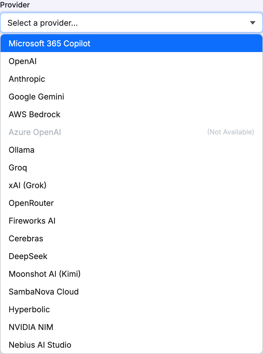 The provider-selection dropdown in the surface builder, listing OpenAI, Anthropic, Google Gemini, AWS Bedrock, Azure OpenAI, Microsoft 365 Copilot, Ollama, and a set of OpenAI-compatible presets