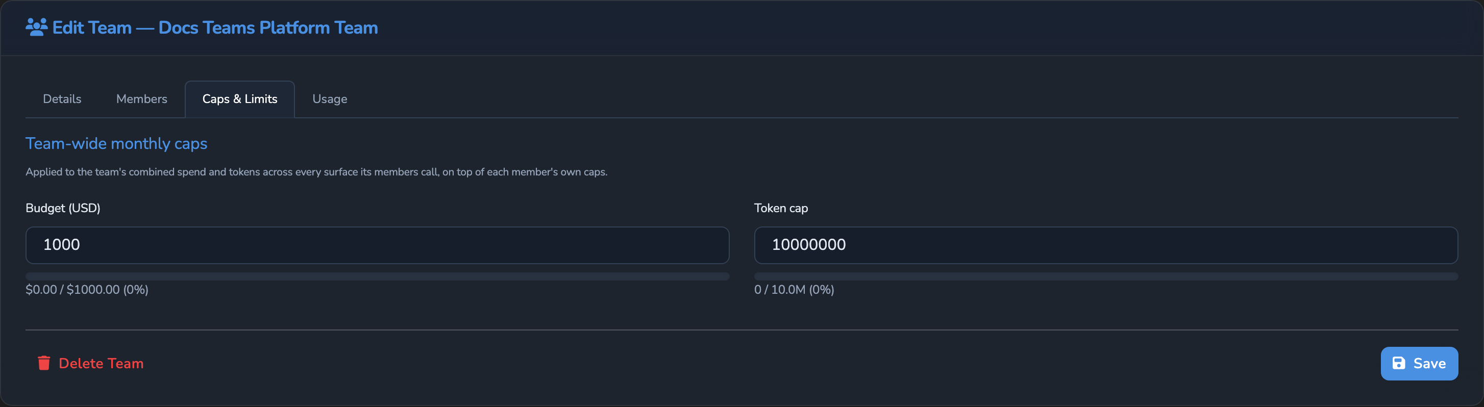 A Team's Caps & Limits tab, showing its team-wide Budget and Token cap