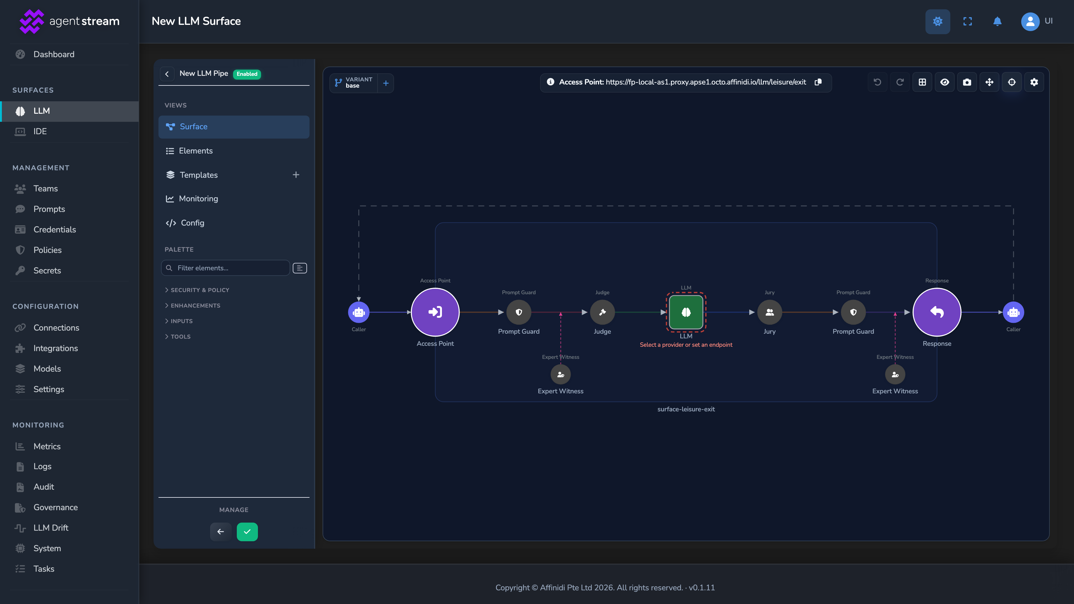 The resulting canvas after selecting Start blank, with the full request and response chain already in place and every stage other than Access Point and LLM shown disabled