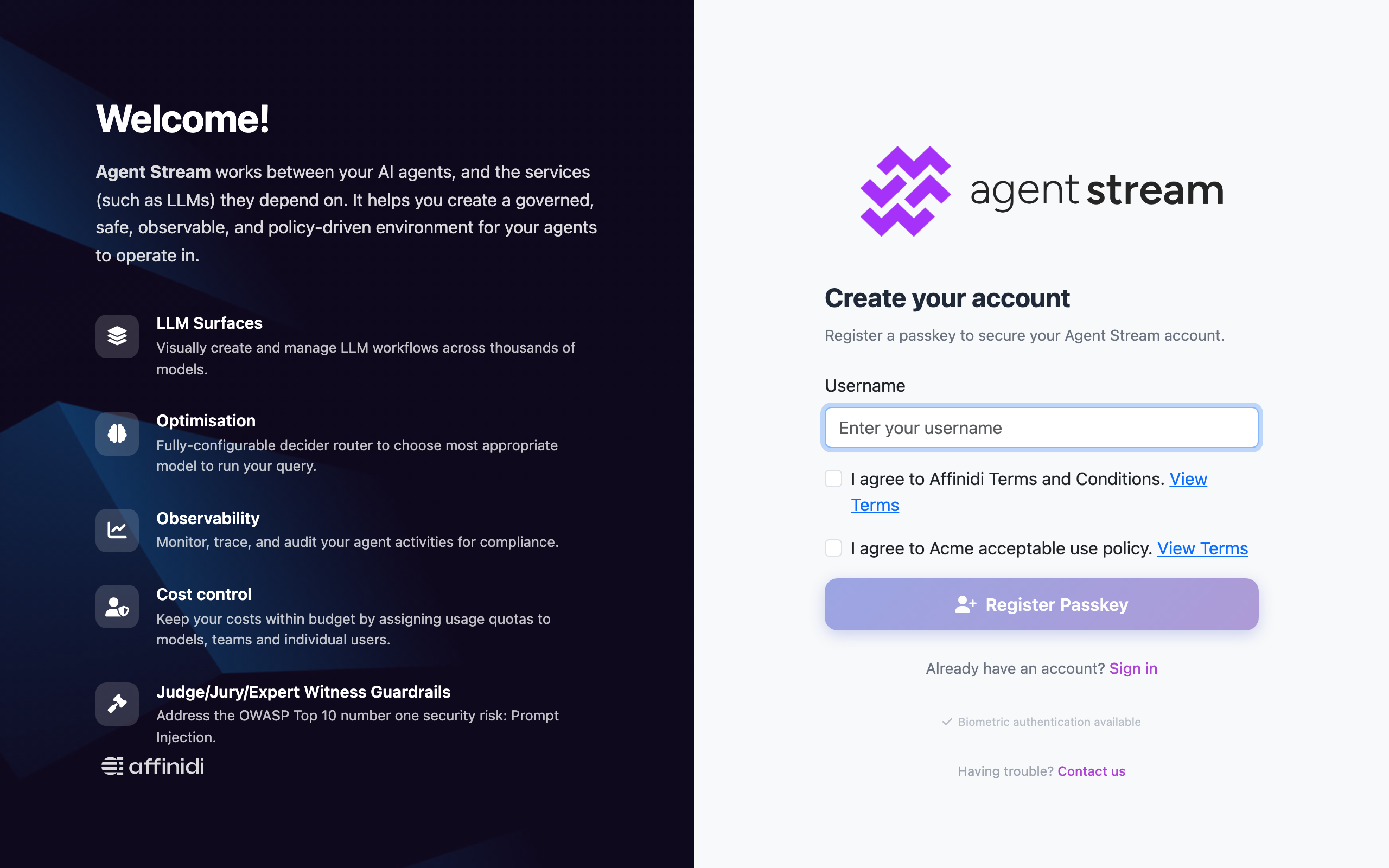 The dashboard's Create your account form, with the Username field, an I agree checkbox and View Terms link for each terms document, and the Register Passkey button